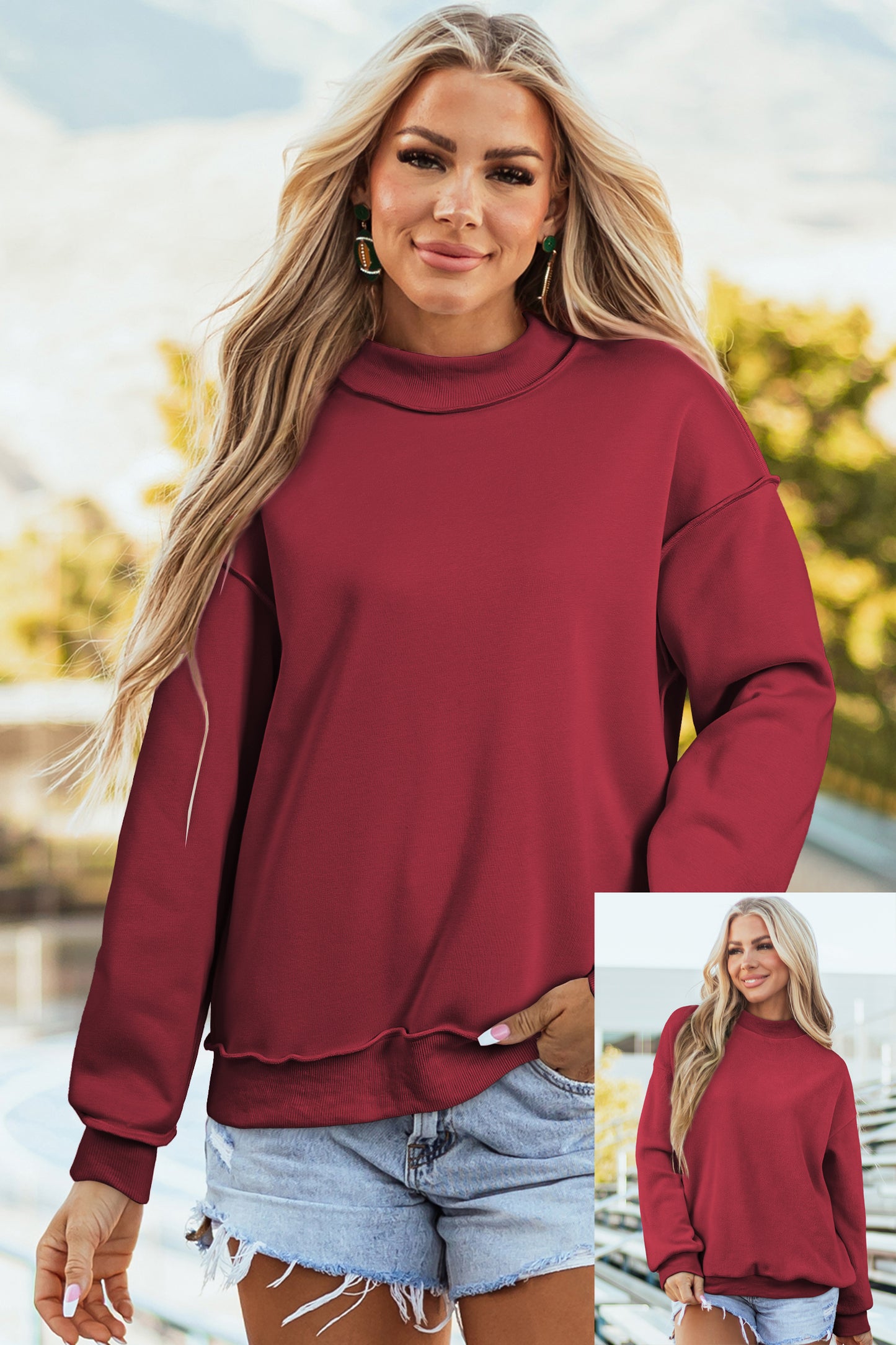Light Pink Oversize Drop Shoulder Reversible Mock Neck Sweatshirt