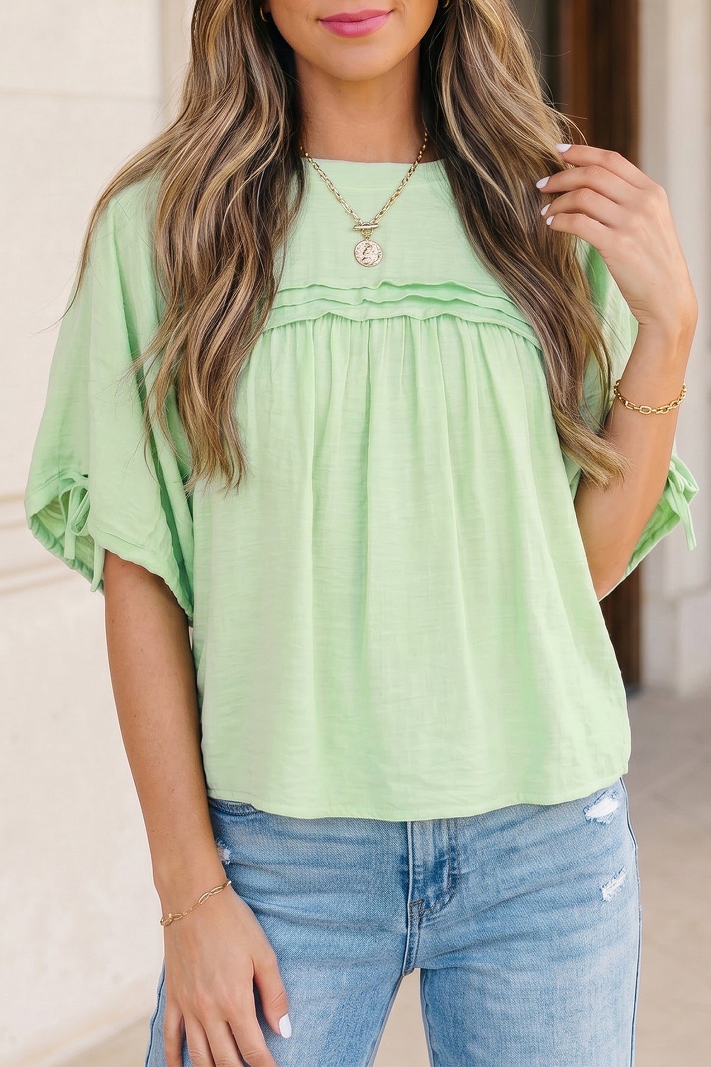 Mist Blue Tie Half Sleeve Pleated Detail Babydoll Blouse
