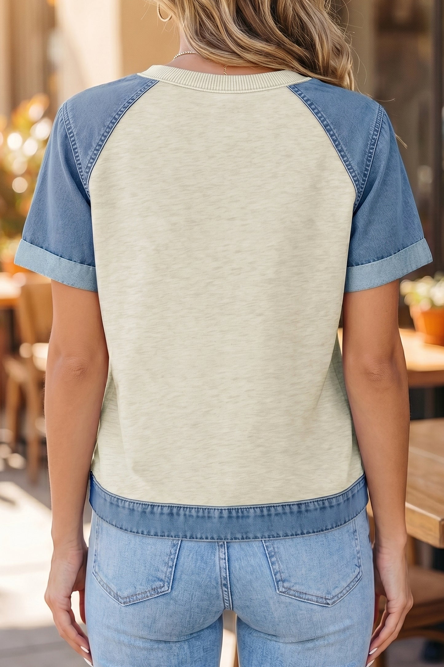 Parchment Denim Color Block Patchwork Round Neck Tee