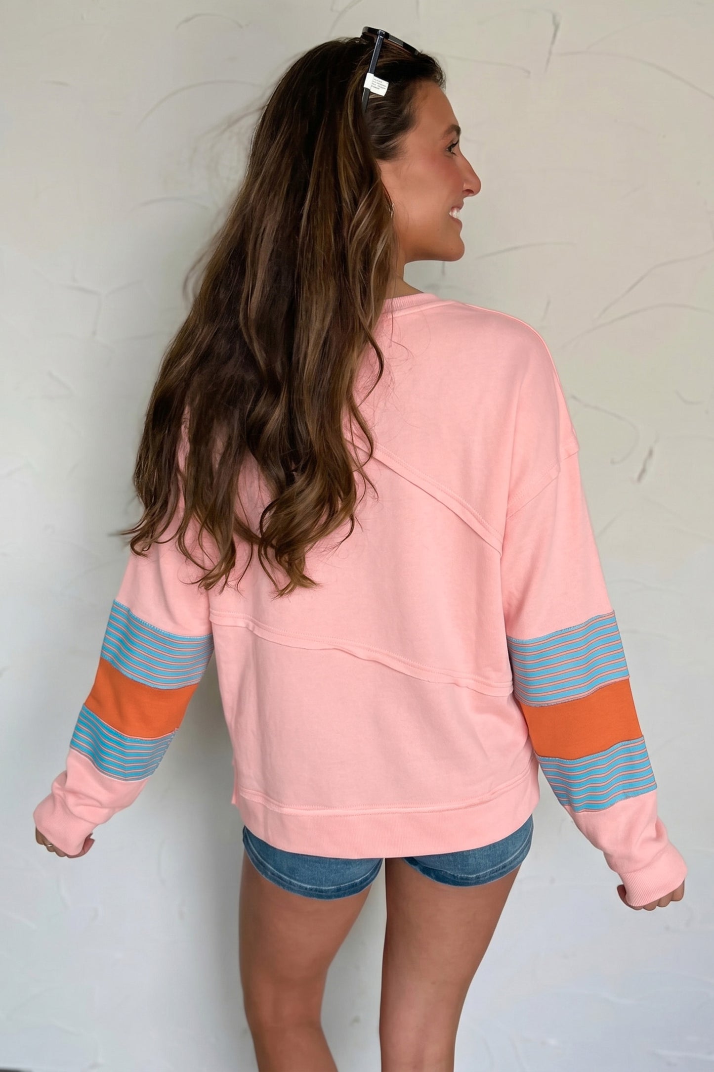 Pink Colorblock Striped Patchwork Long Sleeve Round Neck Blouse