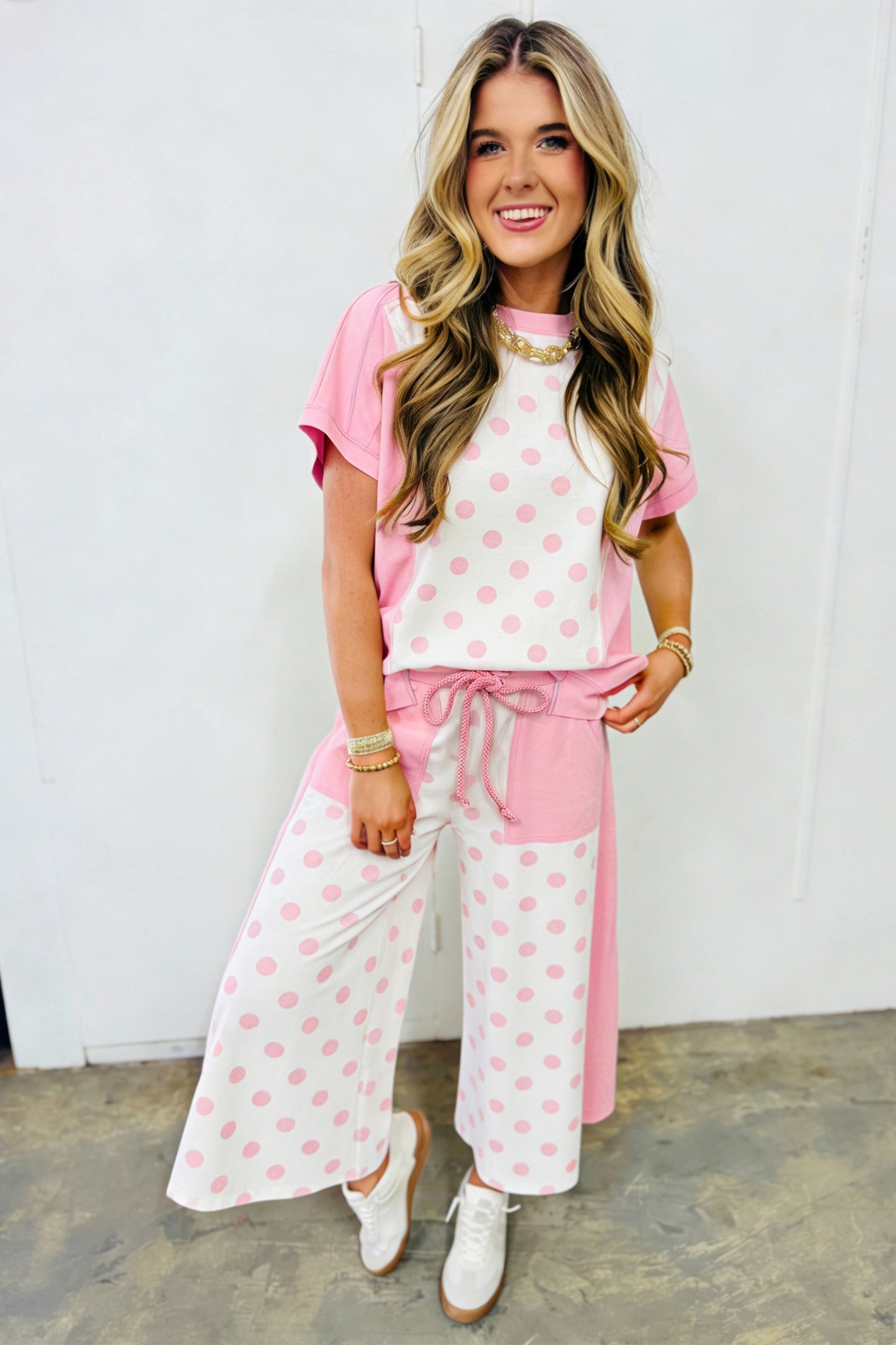 Yellow Color Block Patchwork Polka Dot Wide Leg Pant Set