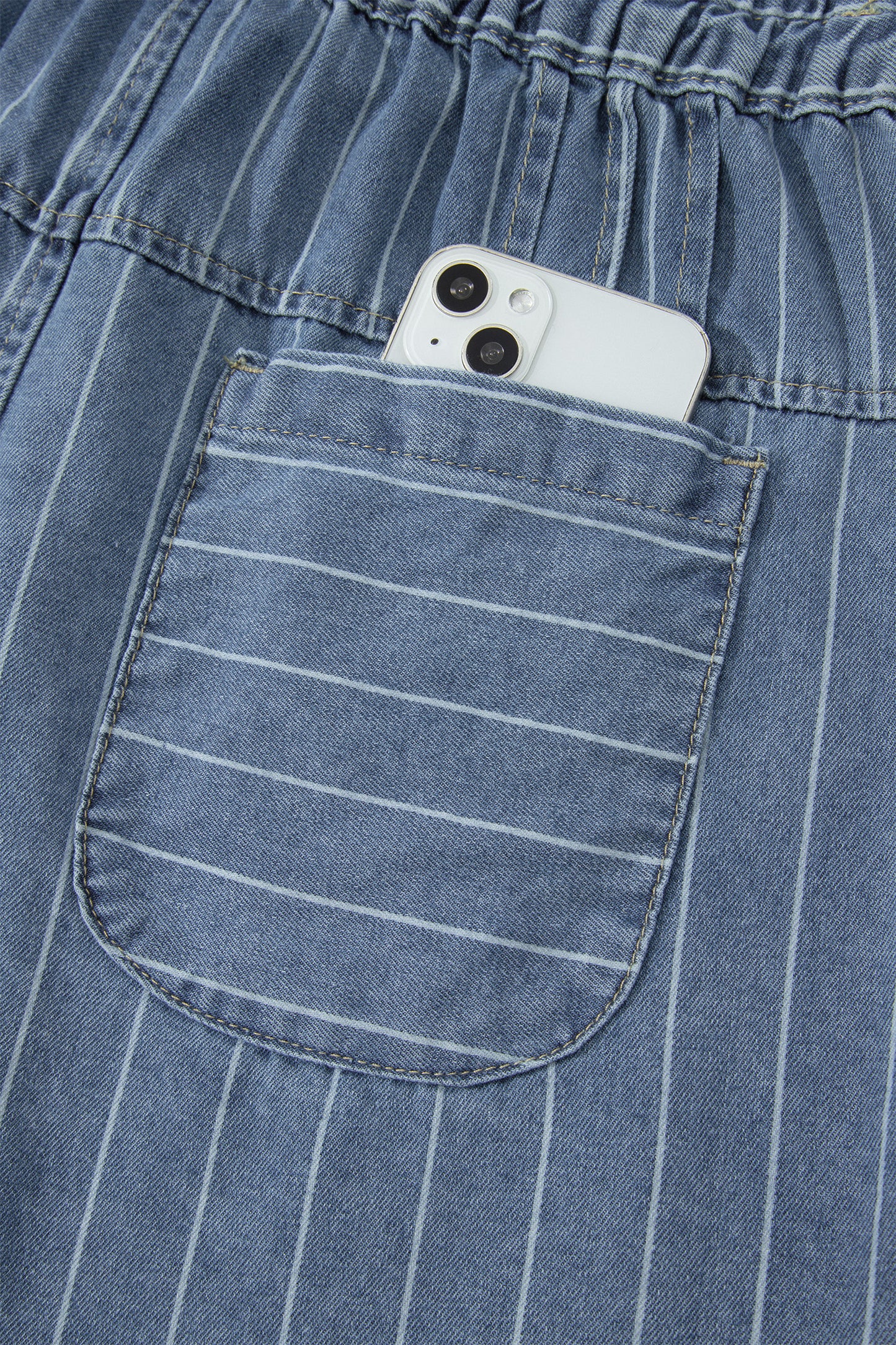 Sky Blue Stripe Drawstring Button Pleated High Waist Denim Shorts