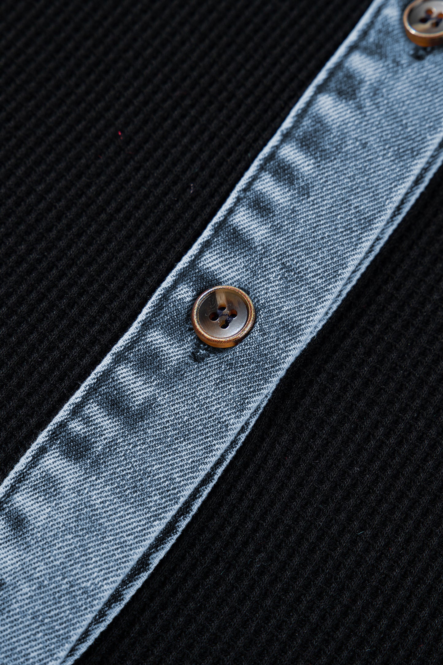 Black Textured Knit Denim Color Block Patchwork Collar Button Down Shirt