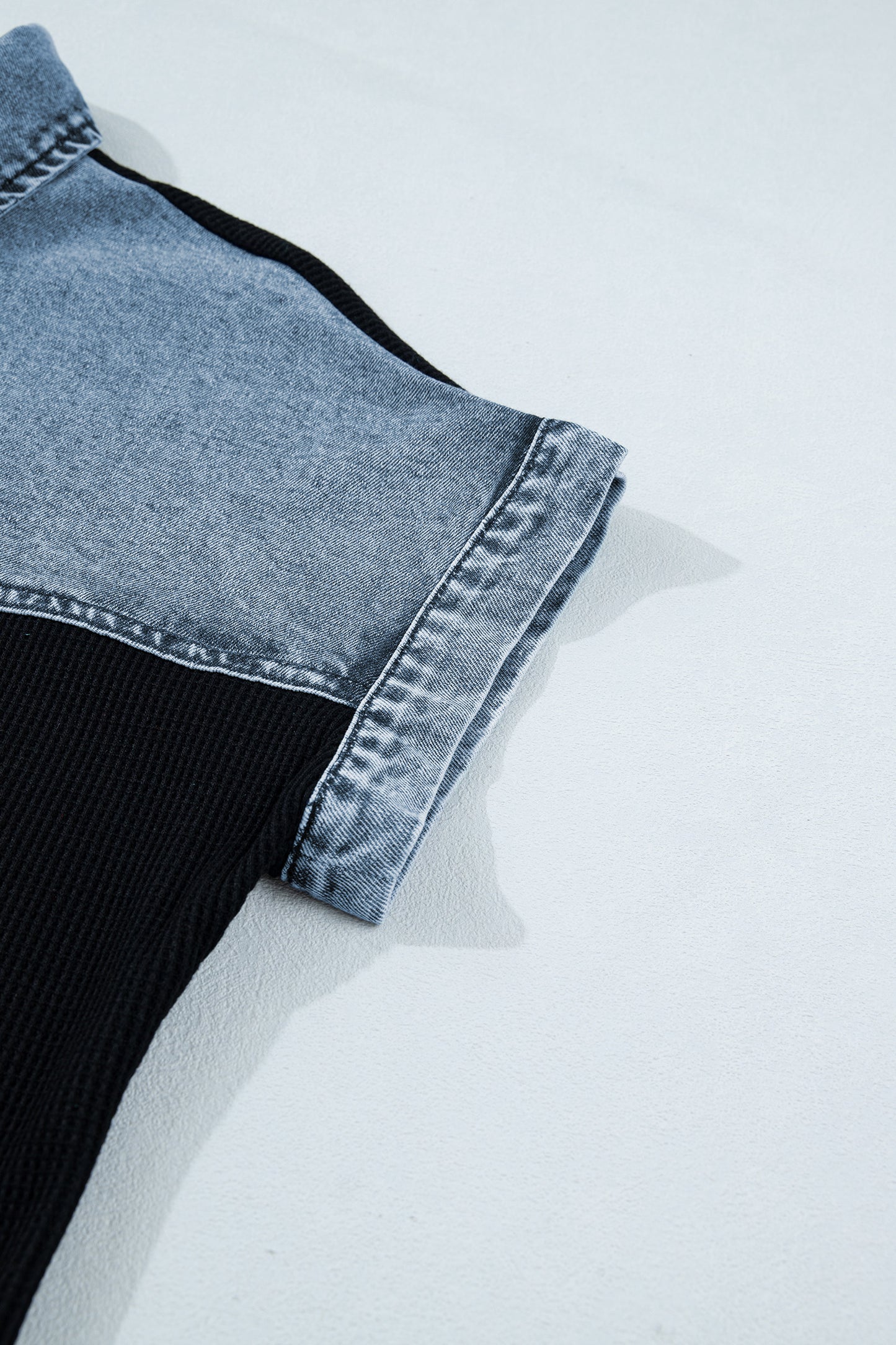 Black Textured Knit Denim Color Block Patchwork Collar Button Down Shirt