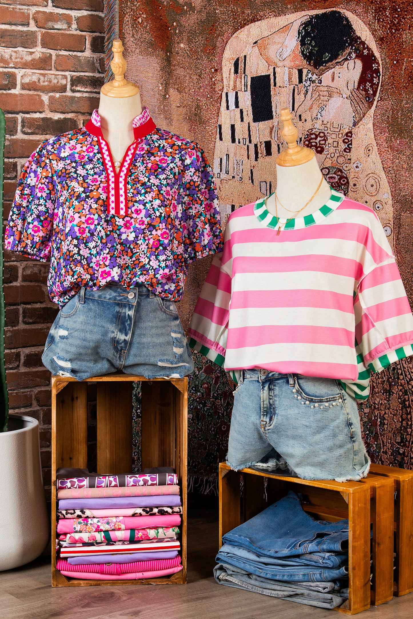 Purple Ditsy Floral Print Plaid Colorblock Trim V Neck Blouse