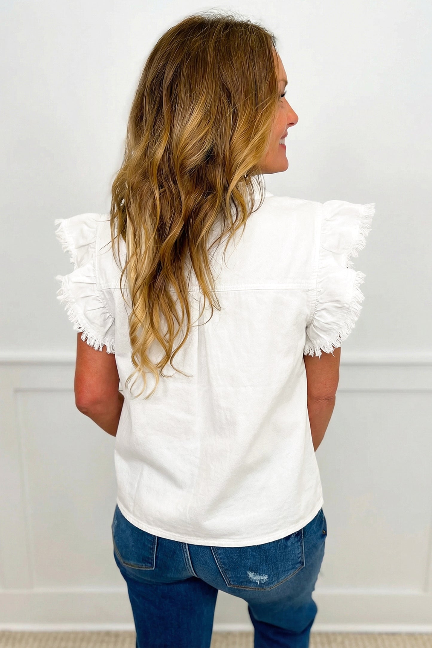 Beau Blue Frilled Collar Flutter Sleeve Denim Top