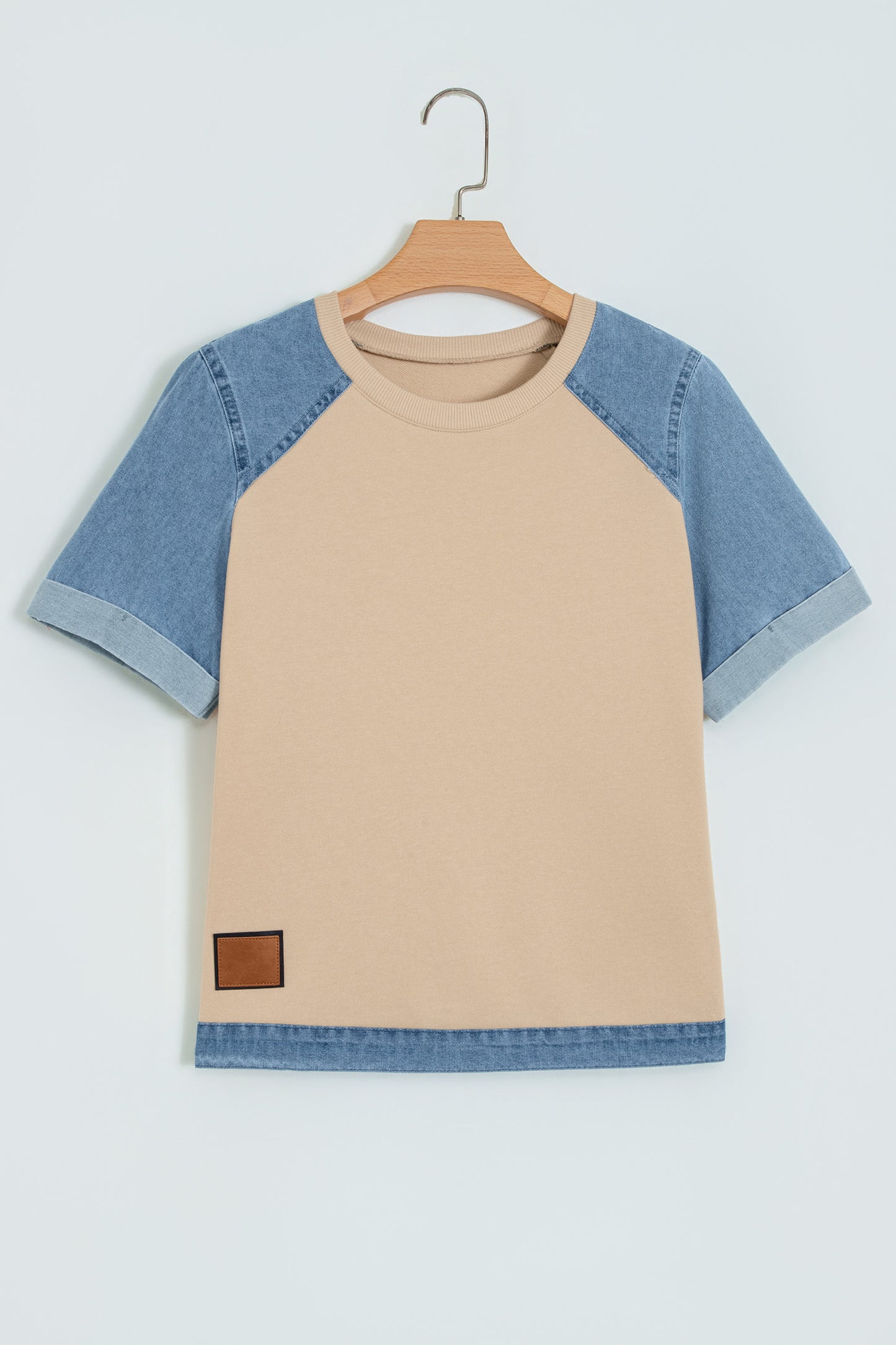 Parchment Denim Color Block Patchwork Round Neck Tee