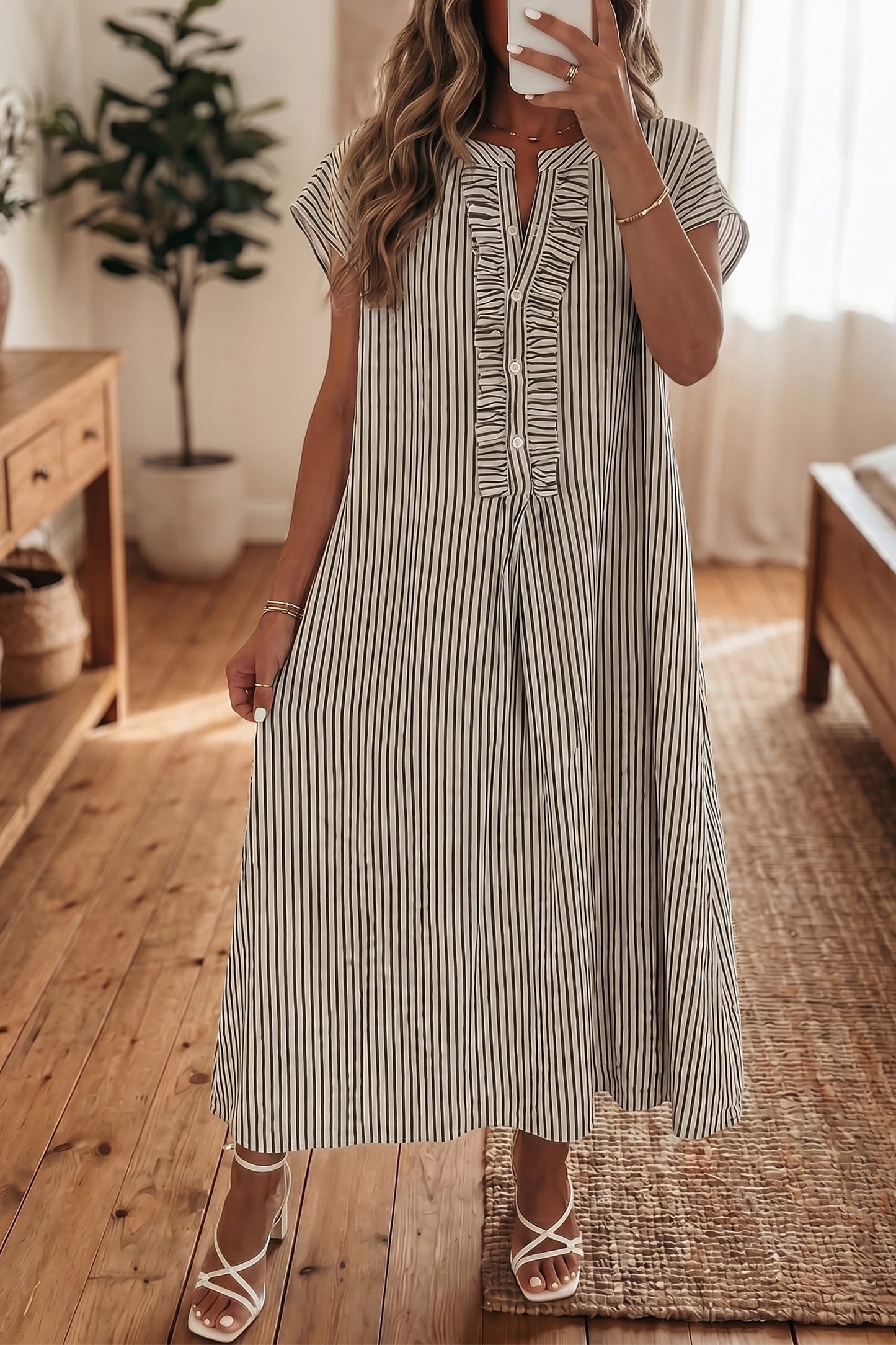 Red Stripe Frilled Detail Half Buttons Short Sleeve Long Dress