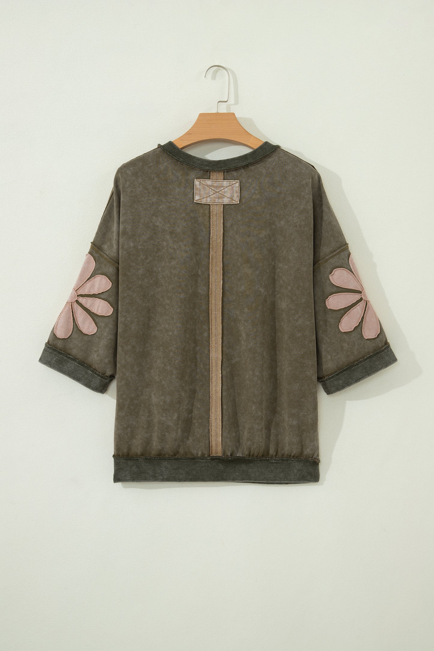 Breen Mineral Wash Raw Seam Patchwork Flower Patched 3/4 Sleeve Oversize Top