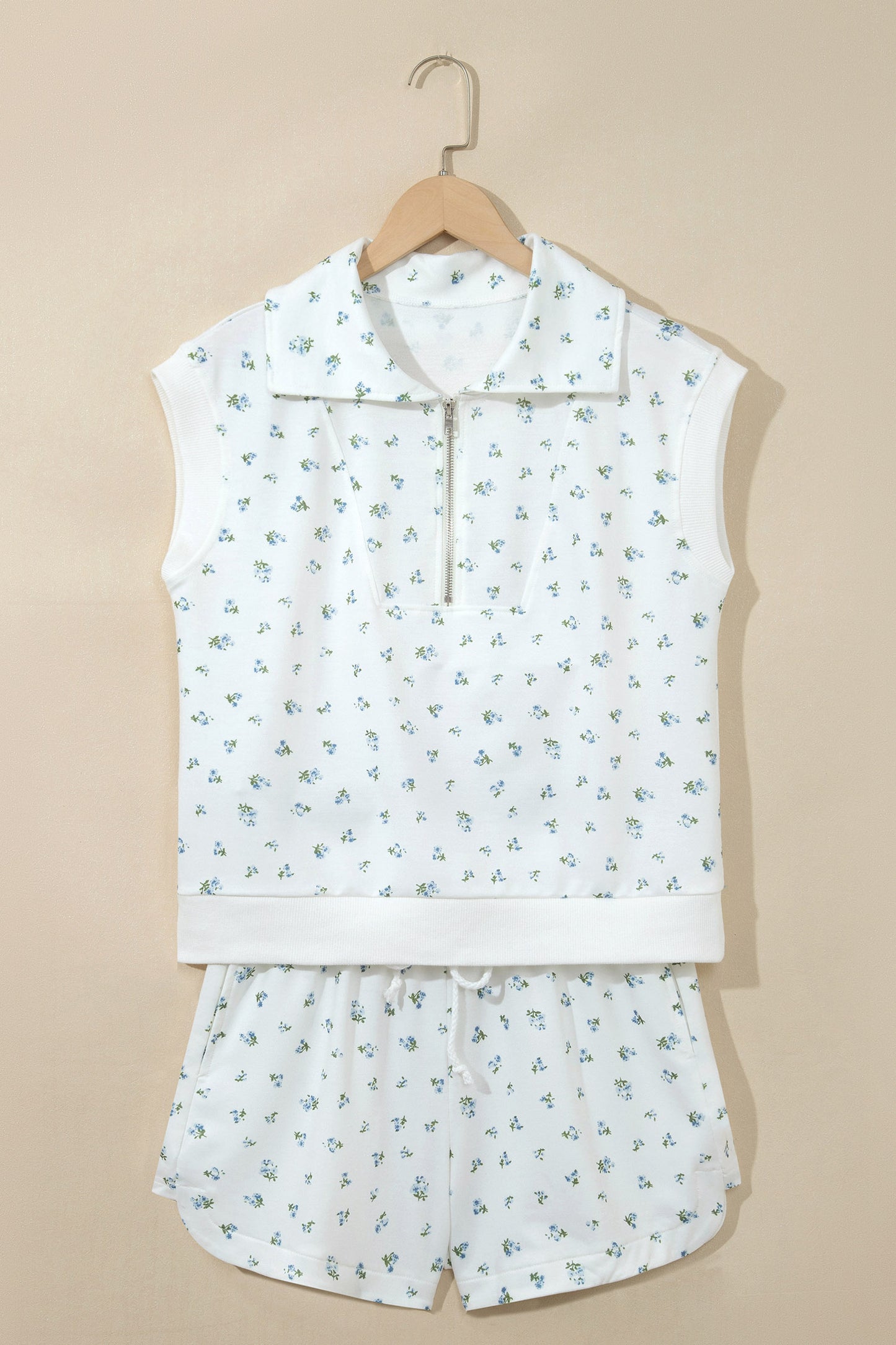 White Floral Print Half Zip Top Matching Short Set