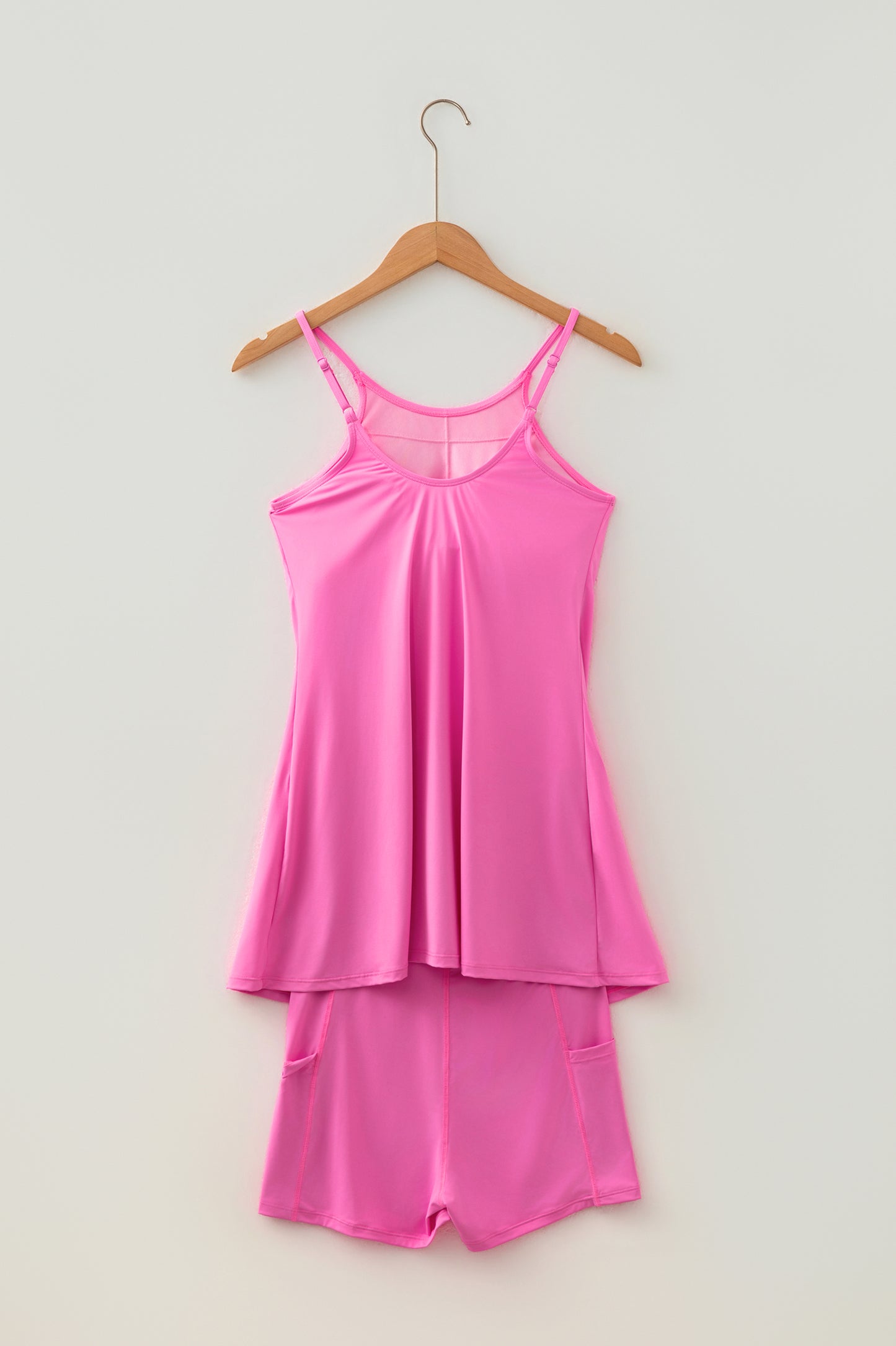 Pink Solid Color Tunic Tank Dress Athletic Shorts Two Piece Set
