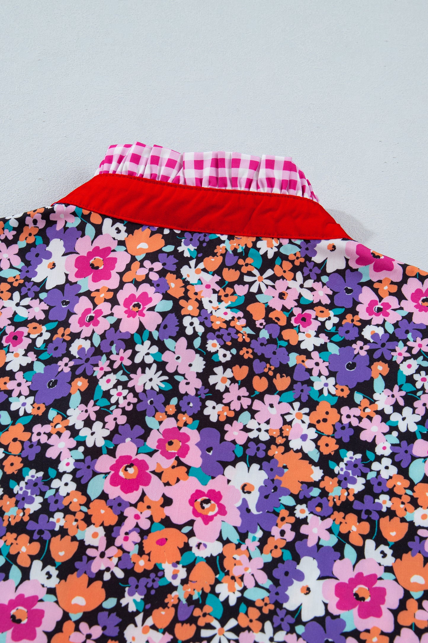 Purple Ditsy Floral Print Plaid Colorblock Trim V Neck Blouse