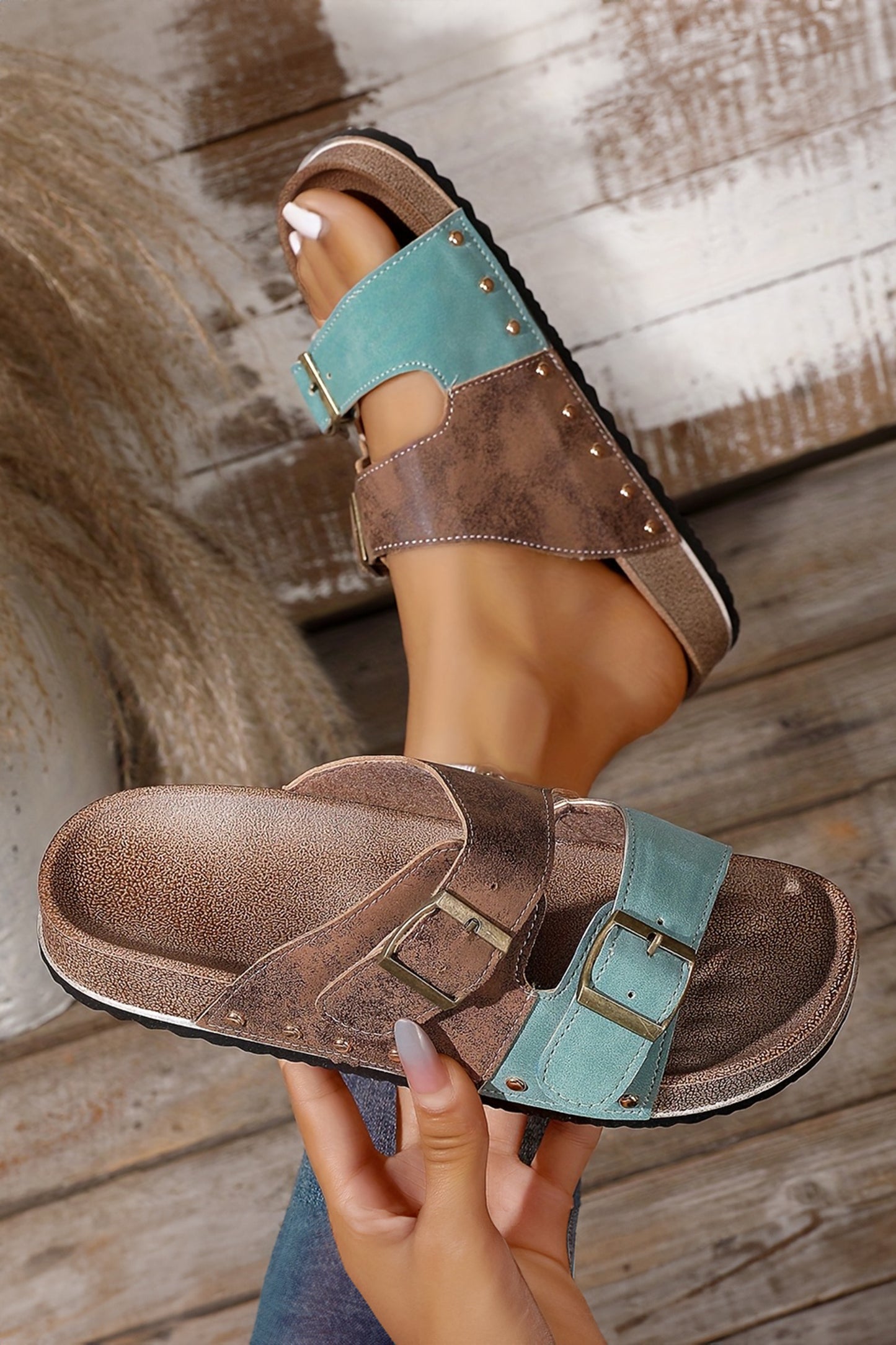 Coffee Leopard Two-tone Retro Buckle Straps Hollowed Faux Suede Slippers