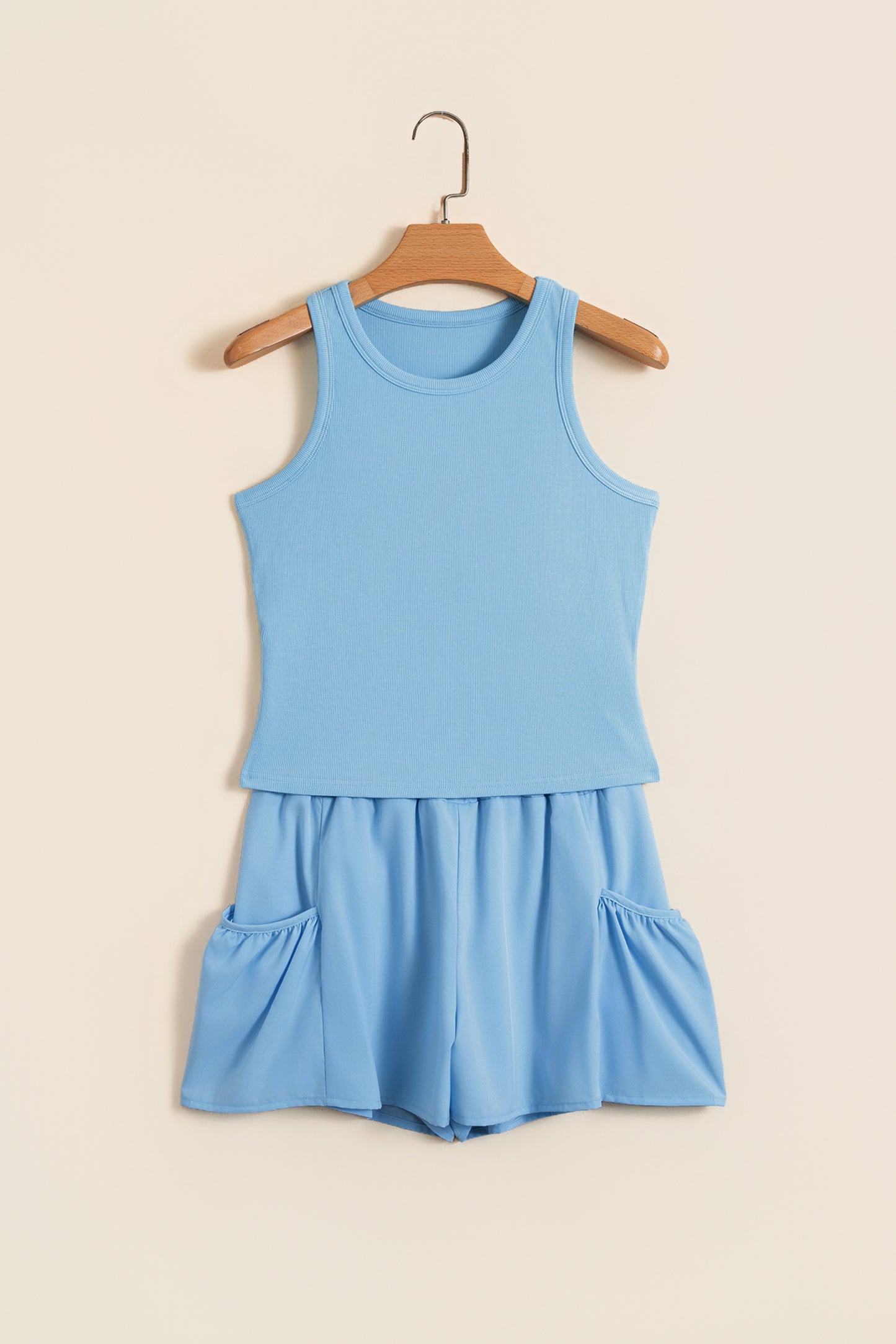 Mist Blue Ribbed Slim Tank Pocketed Wide Leg Shorts Set