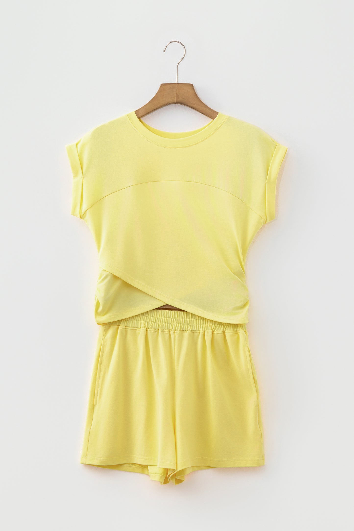 Mist Blue Solid Short Sleeve Elastic Waist Pocket Casual Two Piece Short Set