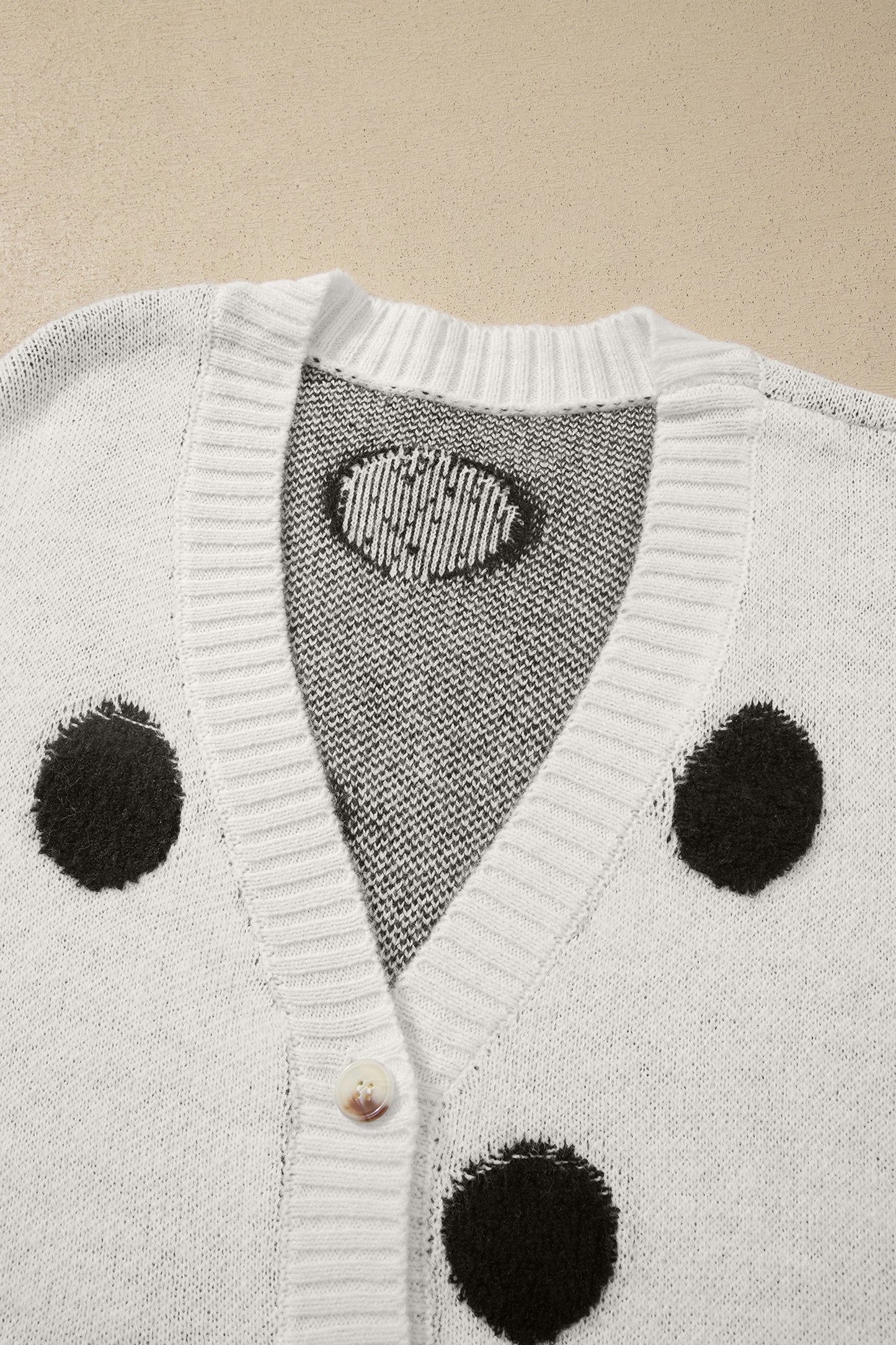 Beige Polka Dot Button Front Oversized V Neck Cardigan