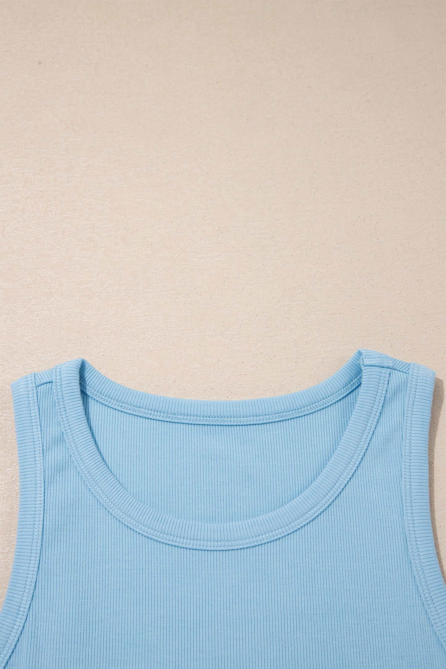 Mist Blue Ribbed Slim Tank Pocketed Wide Leg Shorts Set