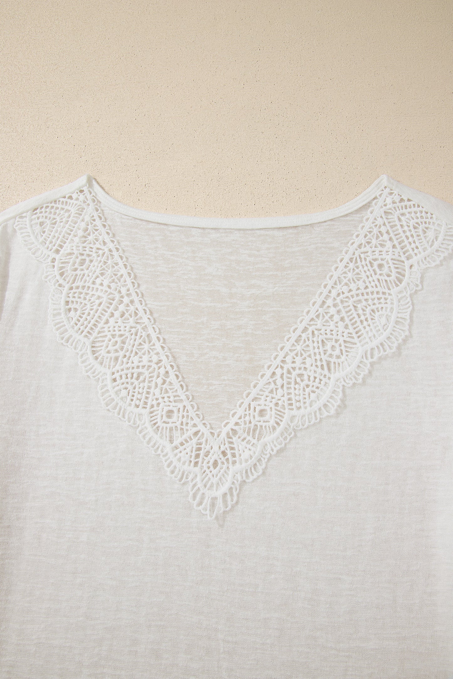 White Hollowed Lace Splicing V Neck T Shirt