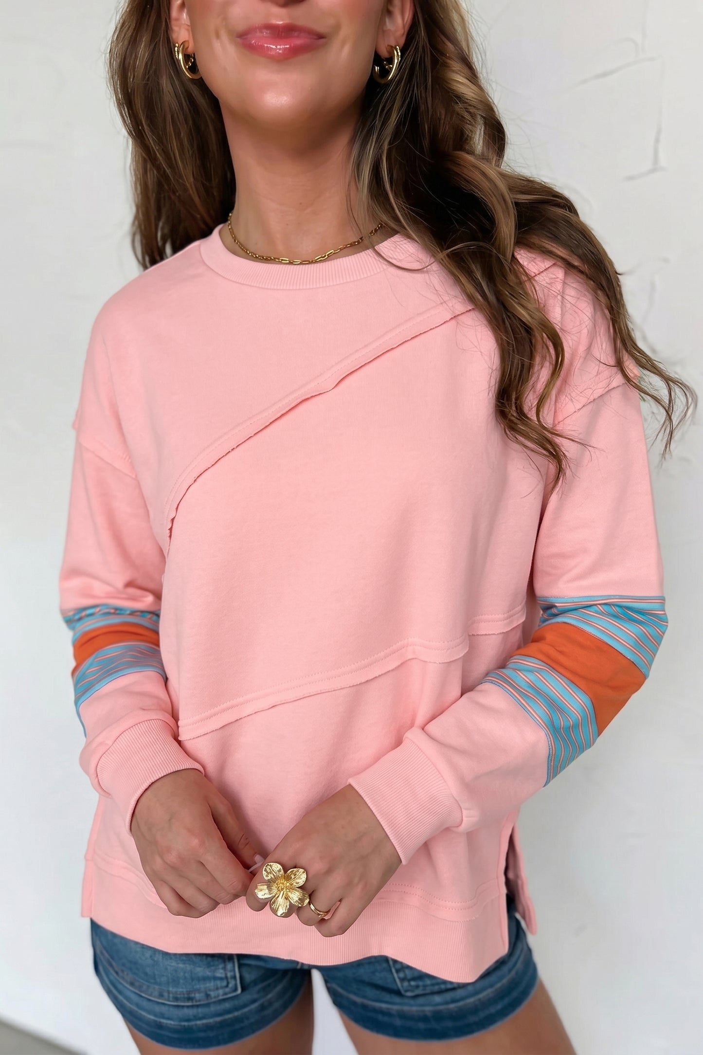 Pink Colorblock Striped Patchwork Long Sleeve Round Neck Blouse