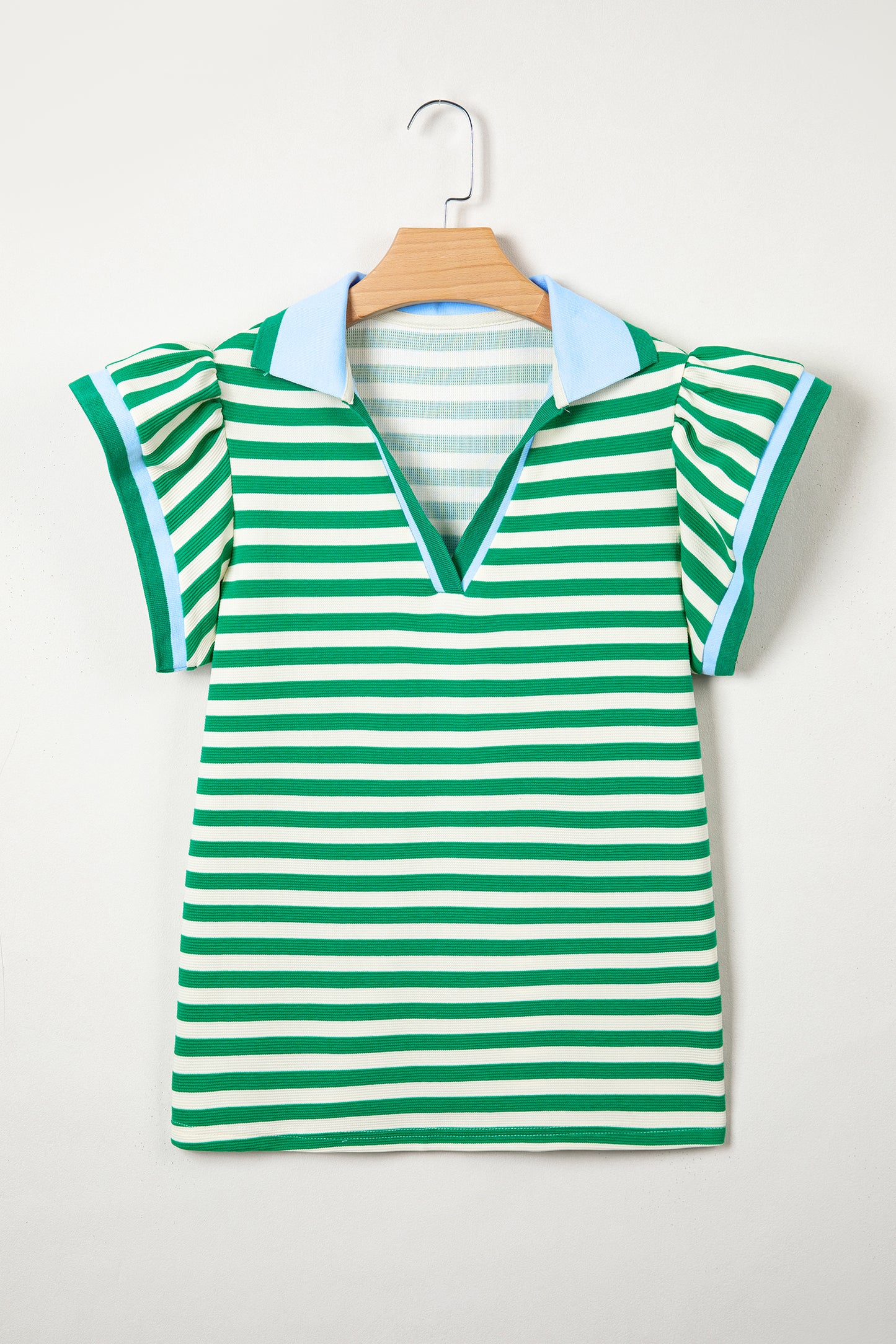 Blue Stripe Contrast Trim Polo Collar Ruffled Short Sleeve Blouse