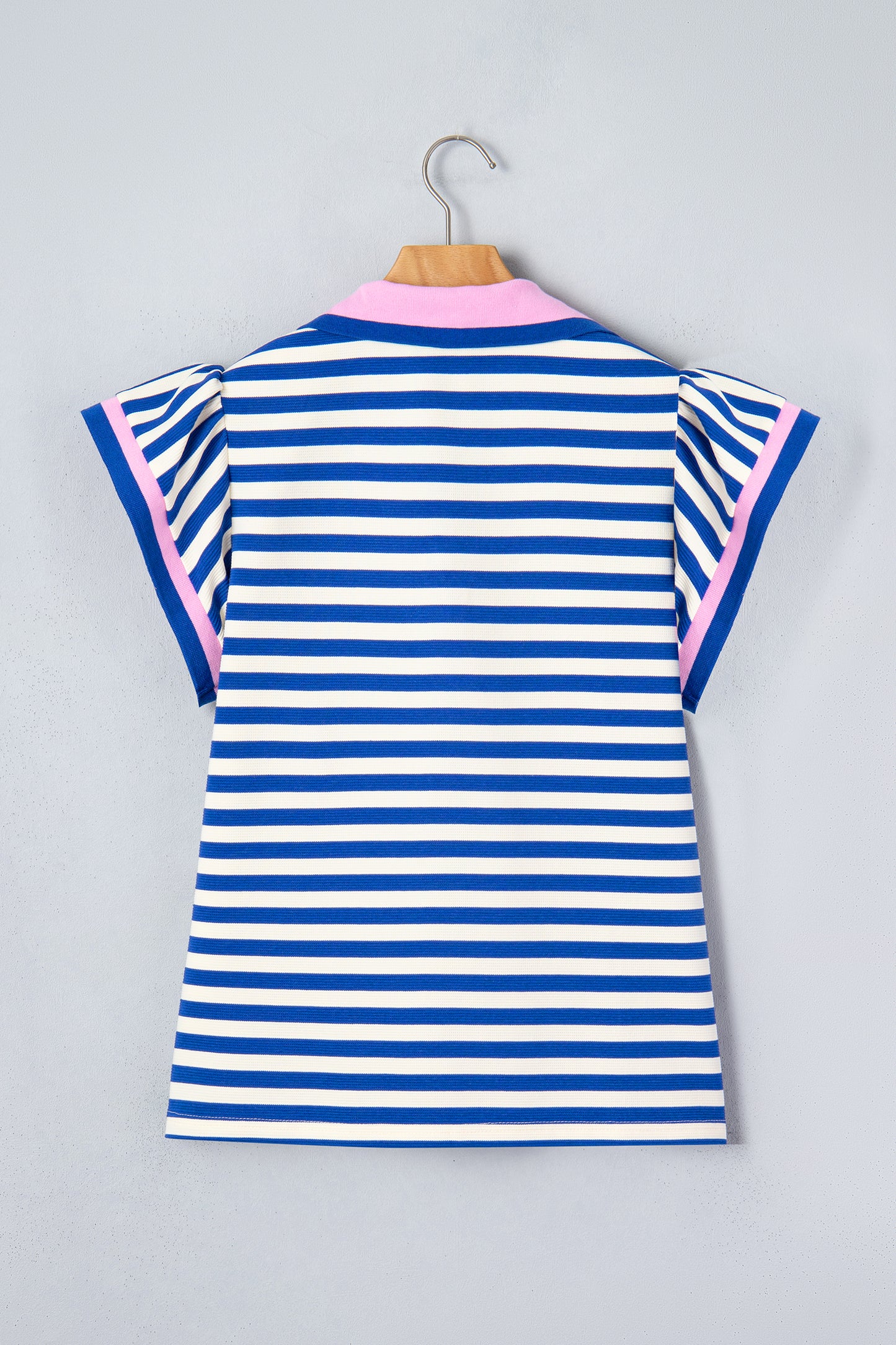 Blue Stripe Contrast Trim Polo Collar Ruffled Short Sleeve Blouse
