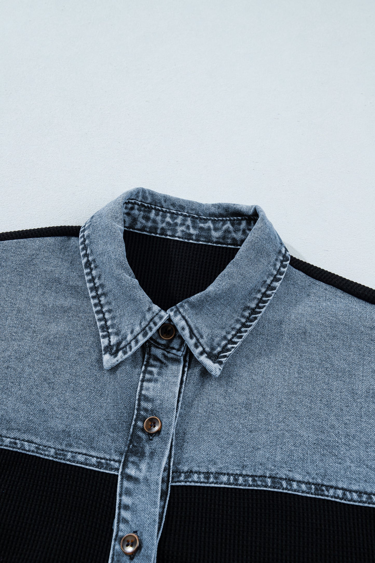 Black Textured Knit Denim Color Block Patchwork Collar Button Down Shirt