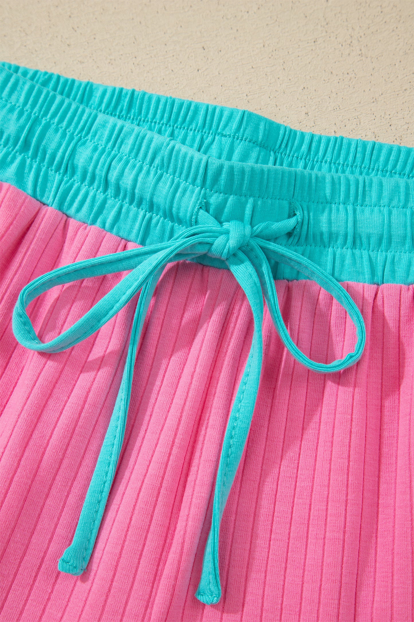 Clearly Aqua Soft Ribbed Color Block Trim Casual Short Set
