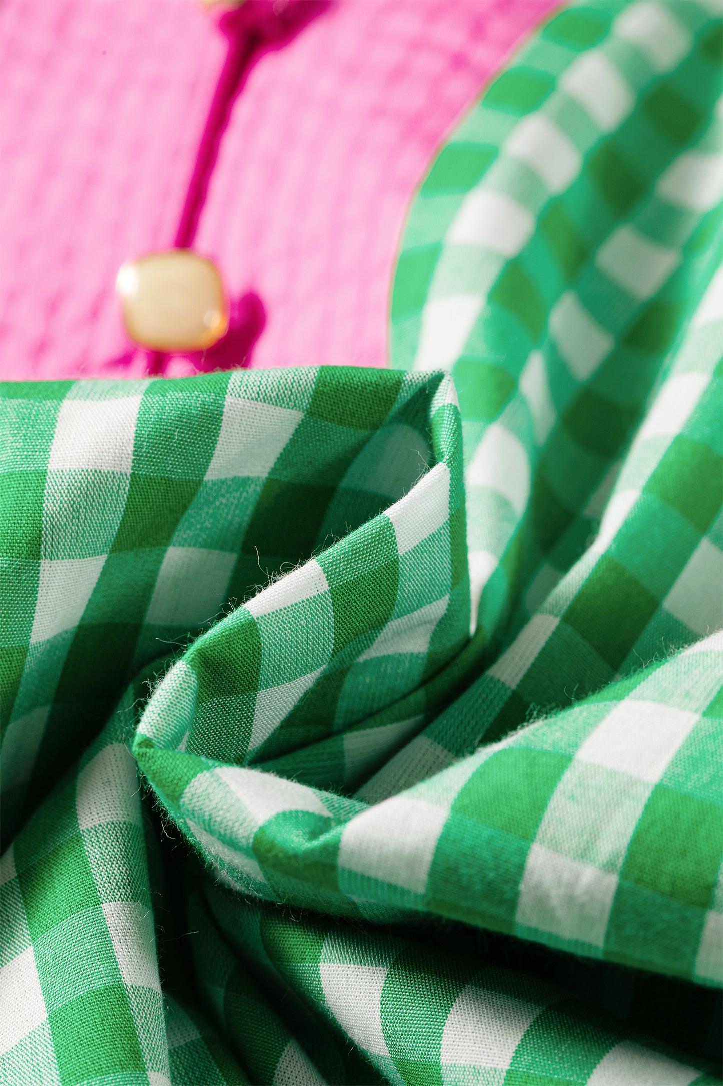 Green Gingham Plaid Bubble Sleeve Colorblock Trim V Neck Blouse
