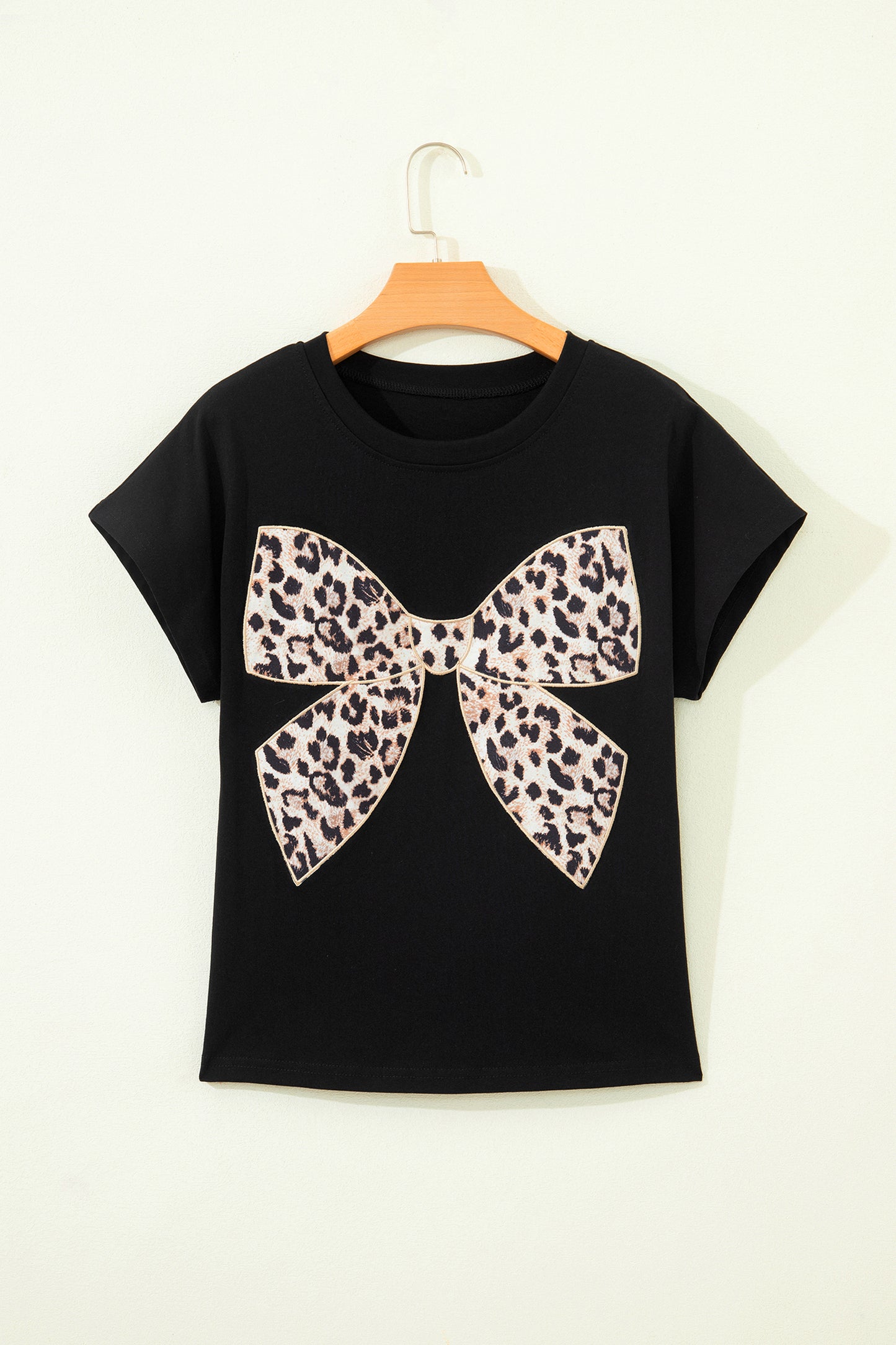 Black Leopard Bow Embroidered Cotton Round Neck T Shirt