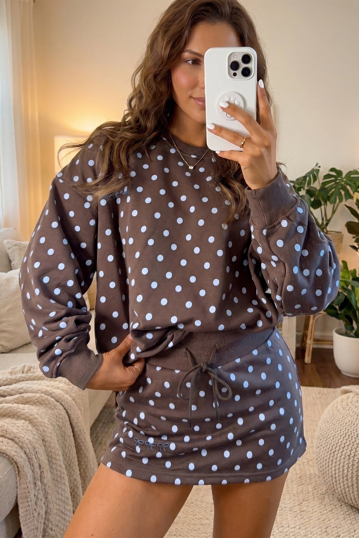 Brown Polka Dot Long Sleeve Pullover Embroidered Bow Detail 2pcs Skort Set