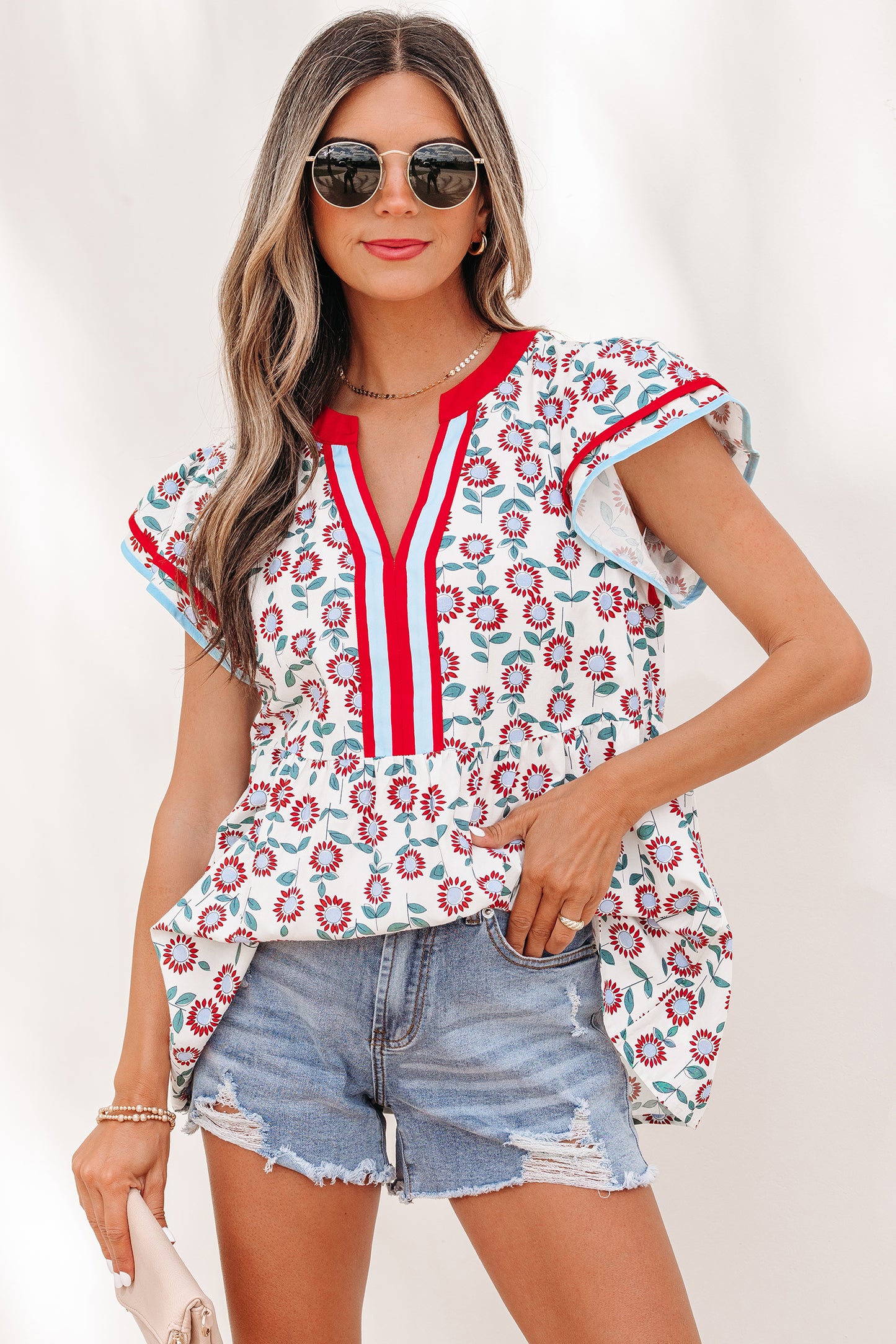 Green Sunflower Printed Contrast Trim V Neck Flutter Sleeve Blouse