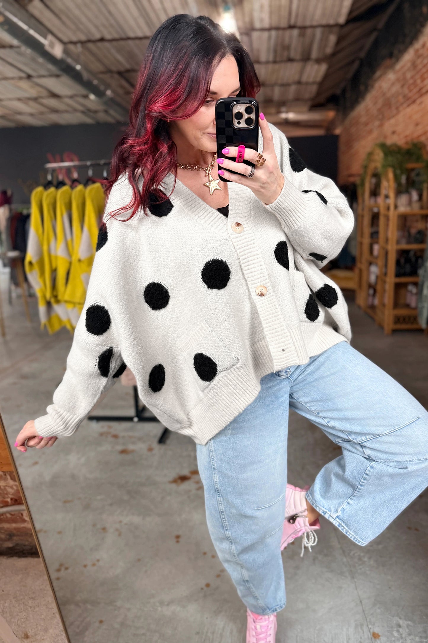 Beige Polka Dot Button Front Oversized V Neck Cardigan