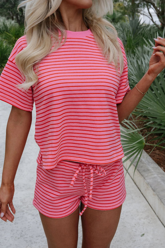 Rose Stripe Side Split Knit Tee Drawstring Shorts Set