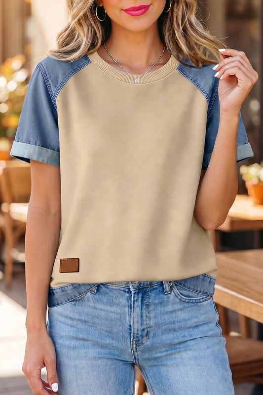 Parchment Denim Color Block Patchwork Round Neck Tee