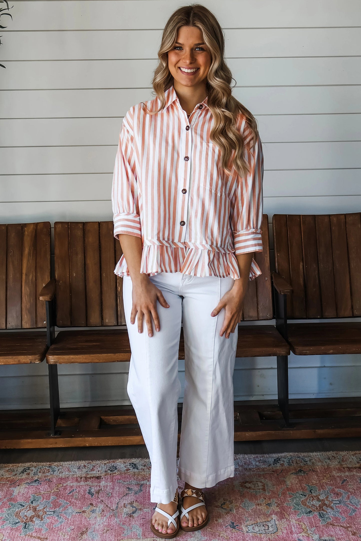 Khaki Stripe Button Front Ruffle Hem Bracelet Sleeve Shirt