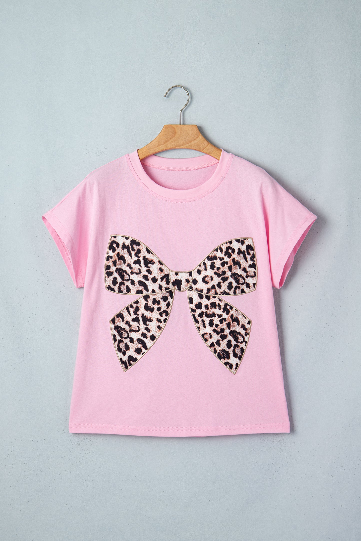 Black Leopard Bow Embroidered Cotton Round Neck T Shirt