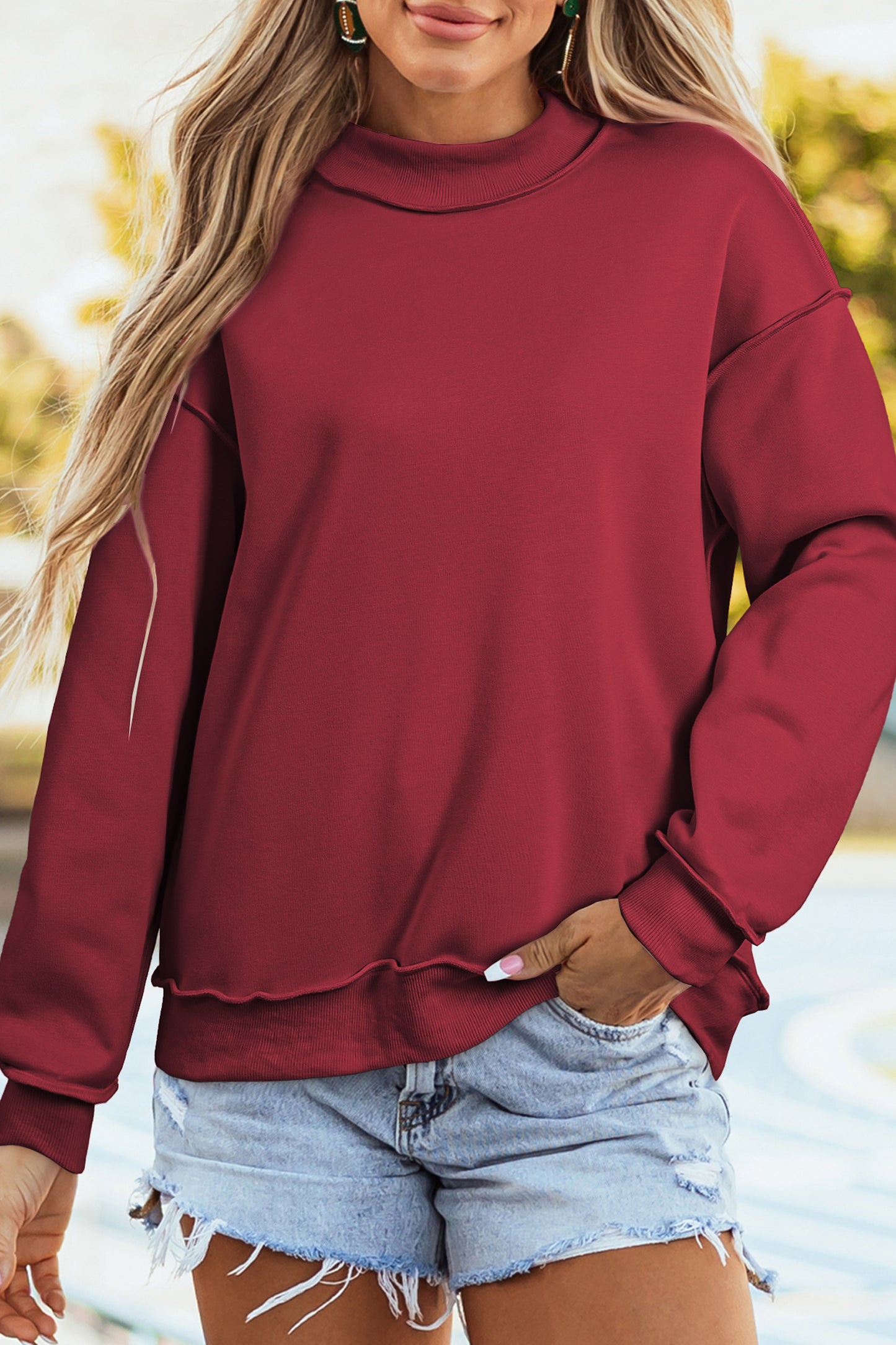Light Pink Oversize Drop Shoulder Reversible Mock Neck Sweatshirt