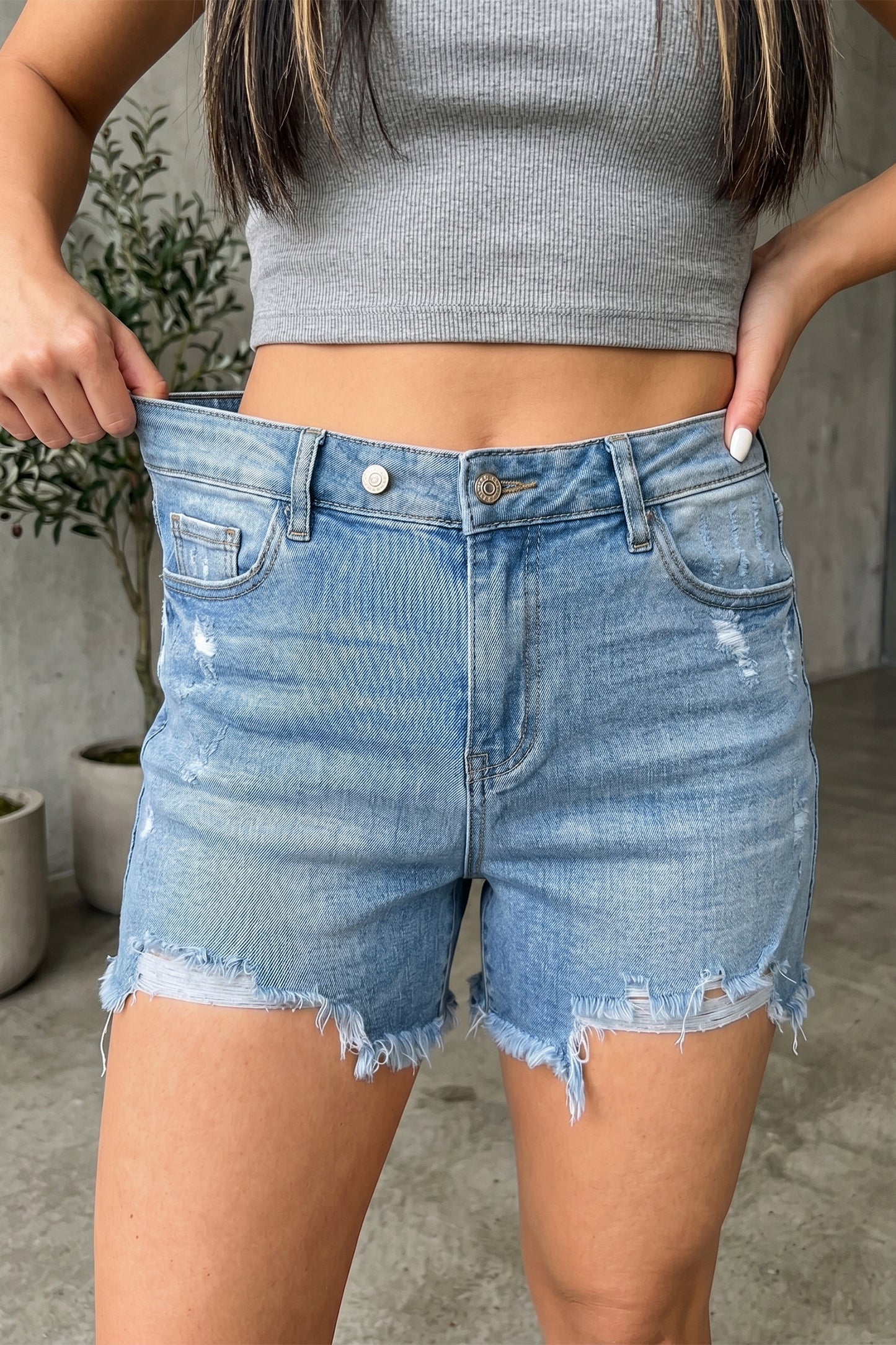 Sail Blue Asymmetric Raw Hem Distressed Whiskery Denim Shorts