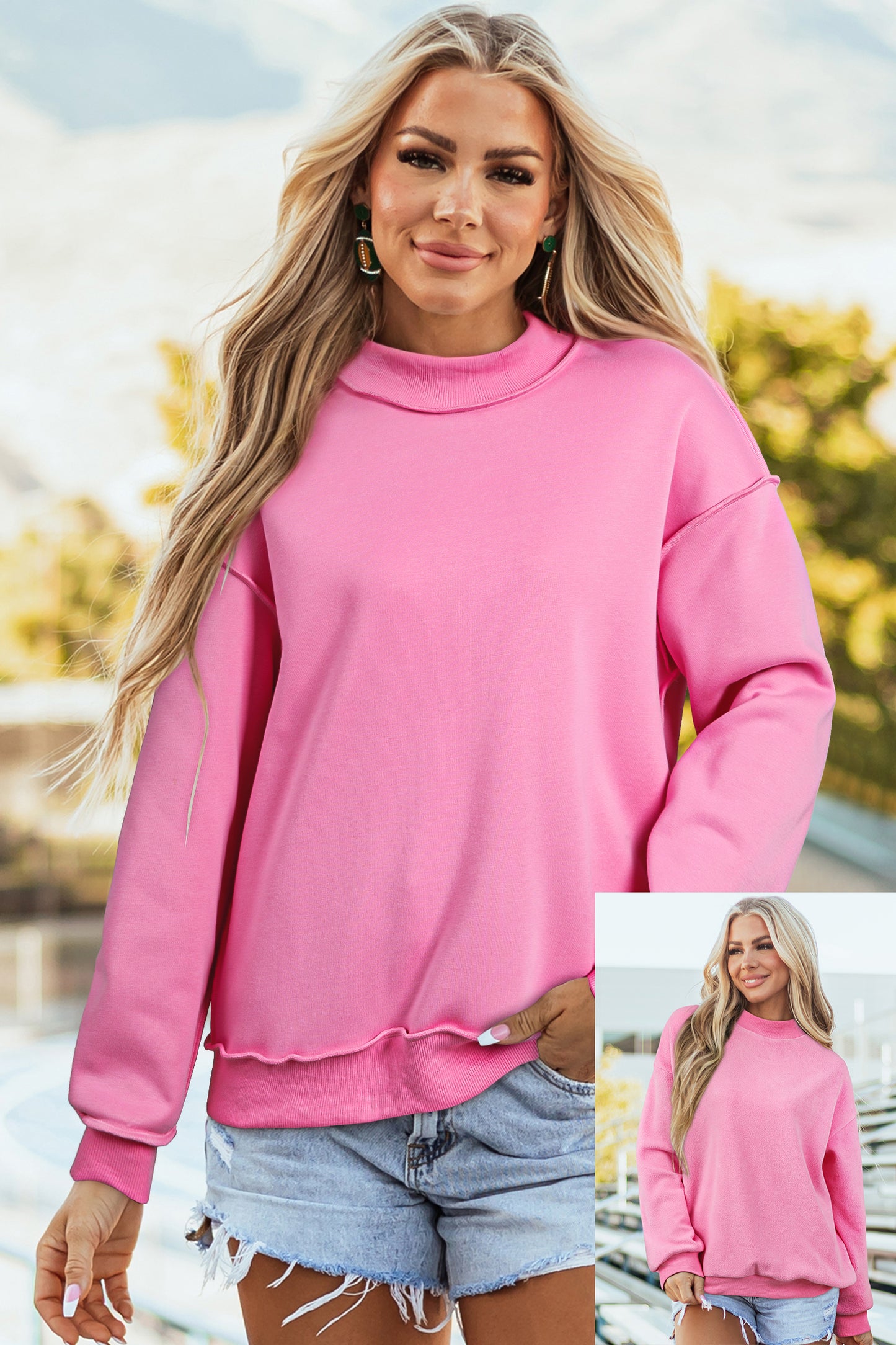 Light Pink Oversize Drop Shoulder Reversible Mock Neck Sweatshirt