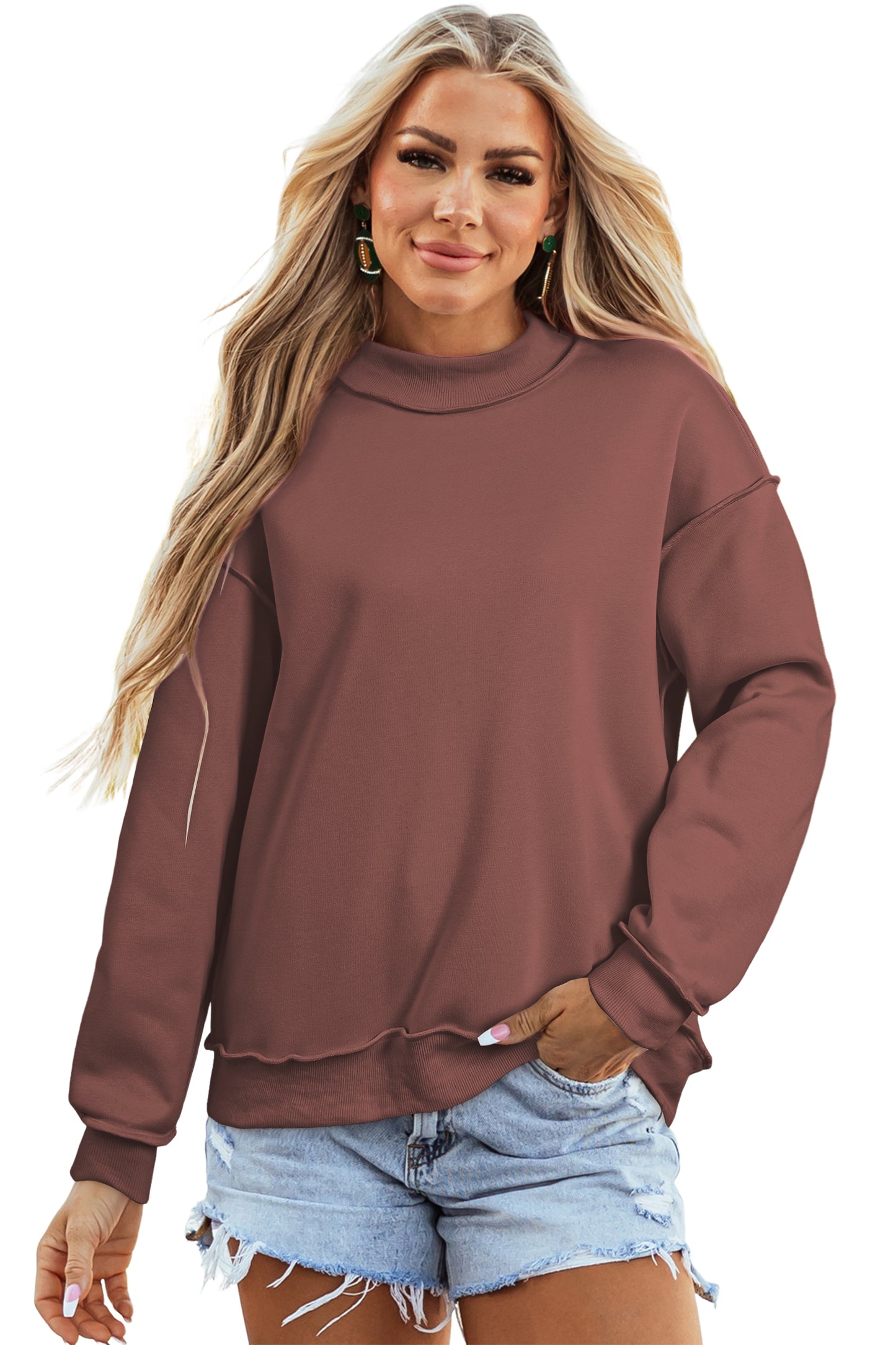Light Pink Oversize Drop Shoulder Reversible Mock Neck Sweatshirt