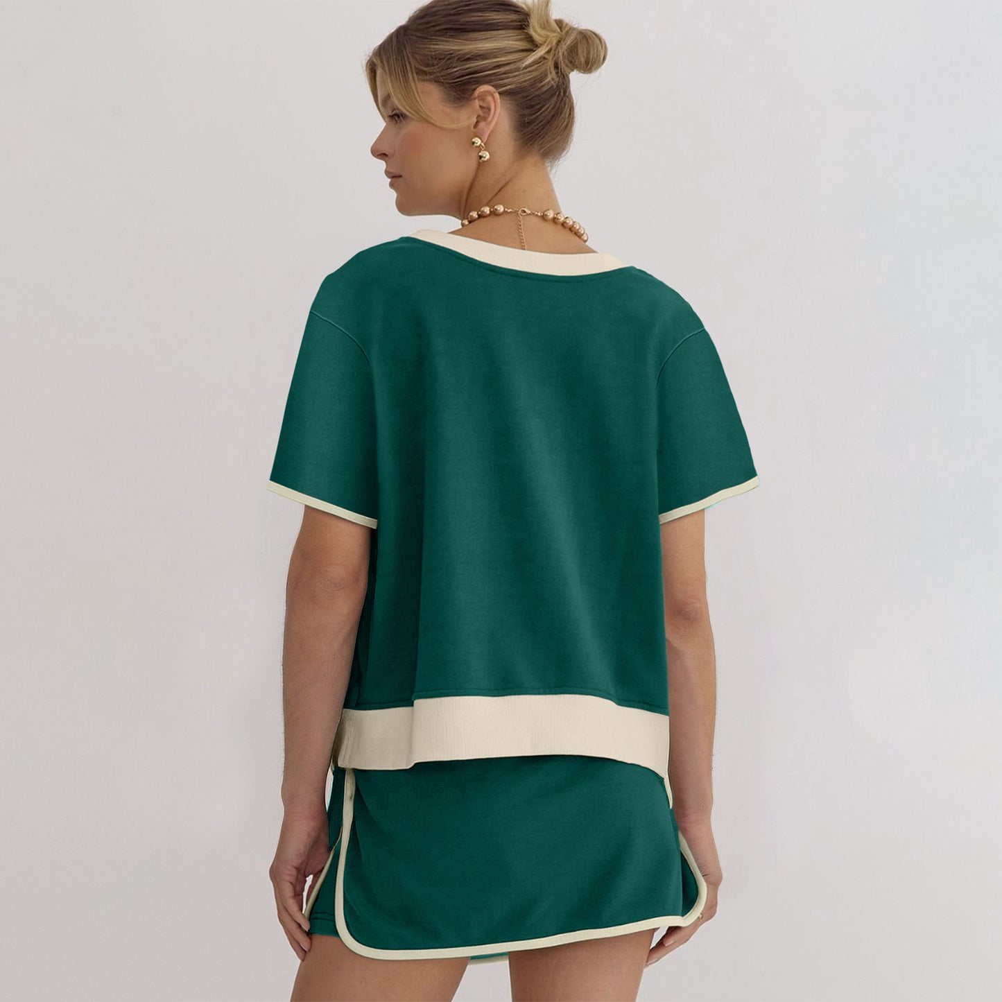 Apricot Colorblock Edge Drop Shoulder T Shirt and Skort 2Pcs Set