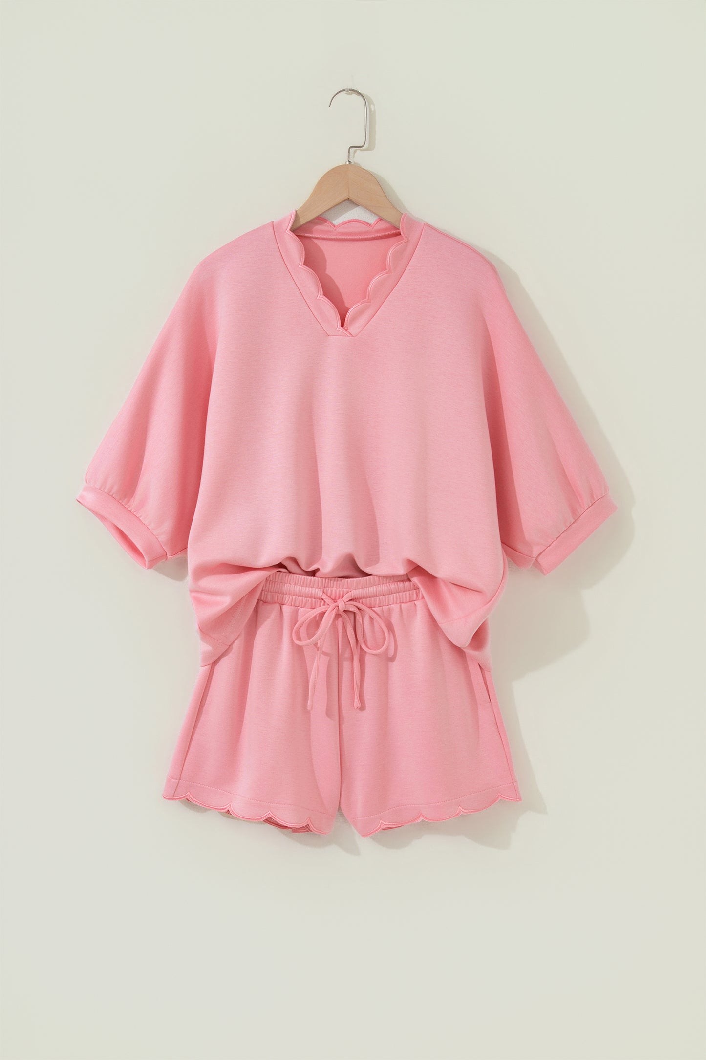 Gossamer Pink Scalloped V Neck Dolman Oversize Top Drawstring Short Set