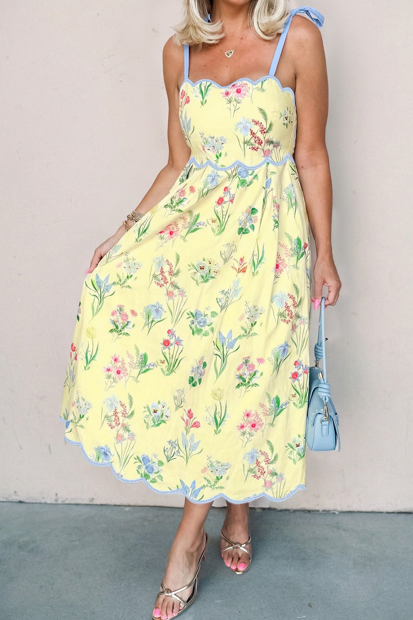 Yellow Floral Print Contrast Trim Self-tie Straps High Waist Midi Dress