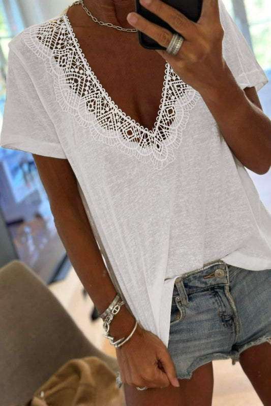 White Hollowed Lace Splicing V Neck T Shirt