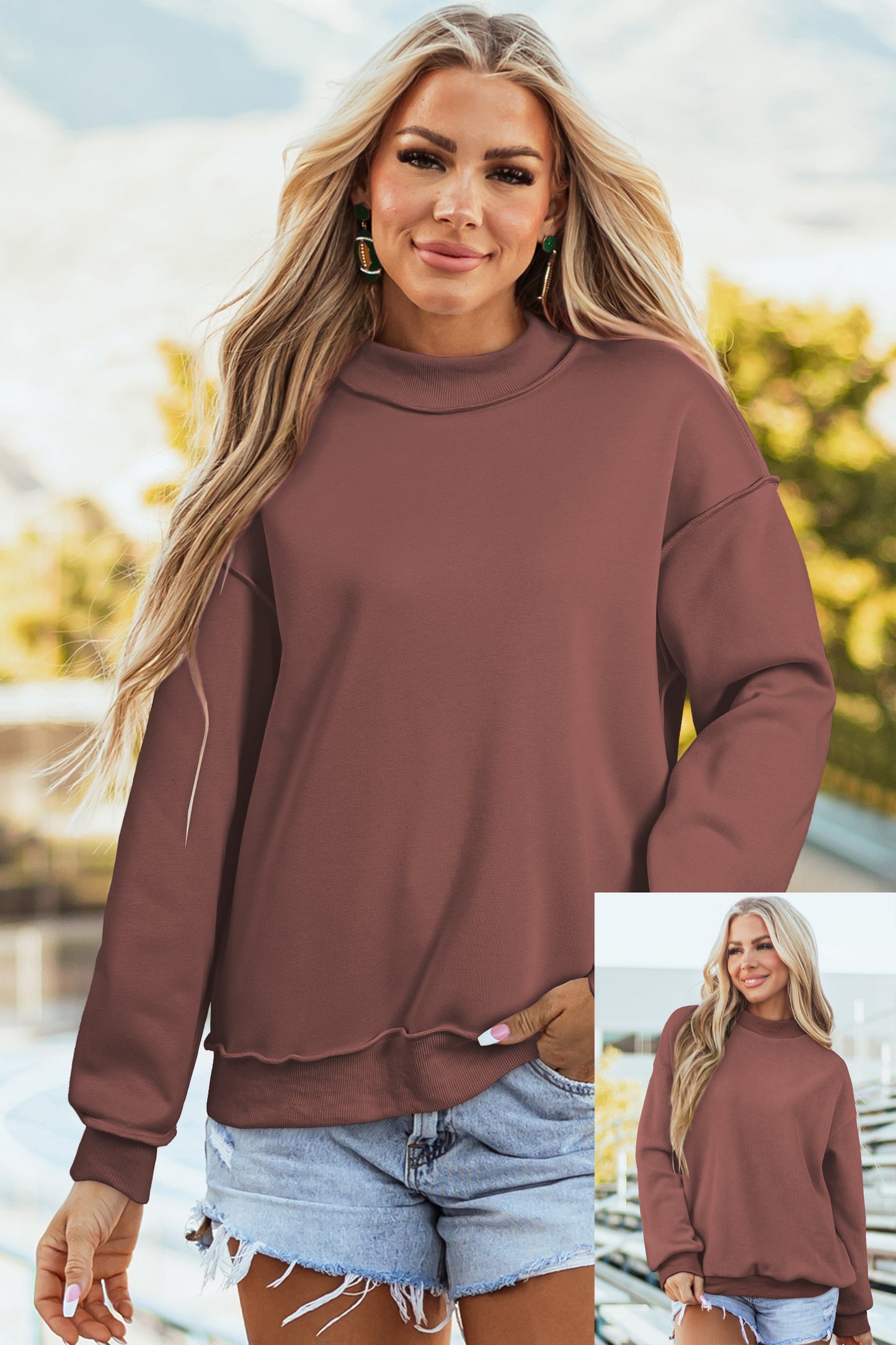 Light Pink Oversize Drop Shoulder Reversible Mock Neck Sweatshirt