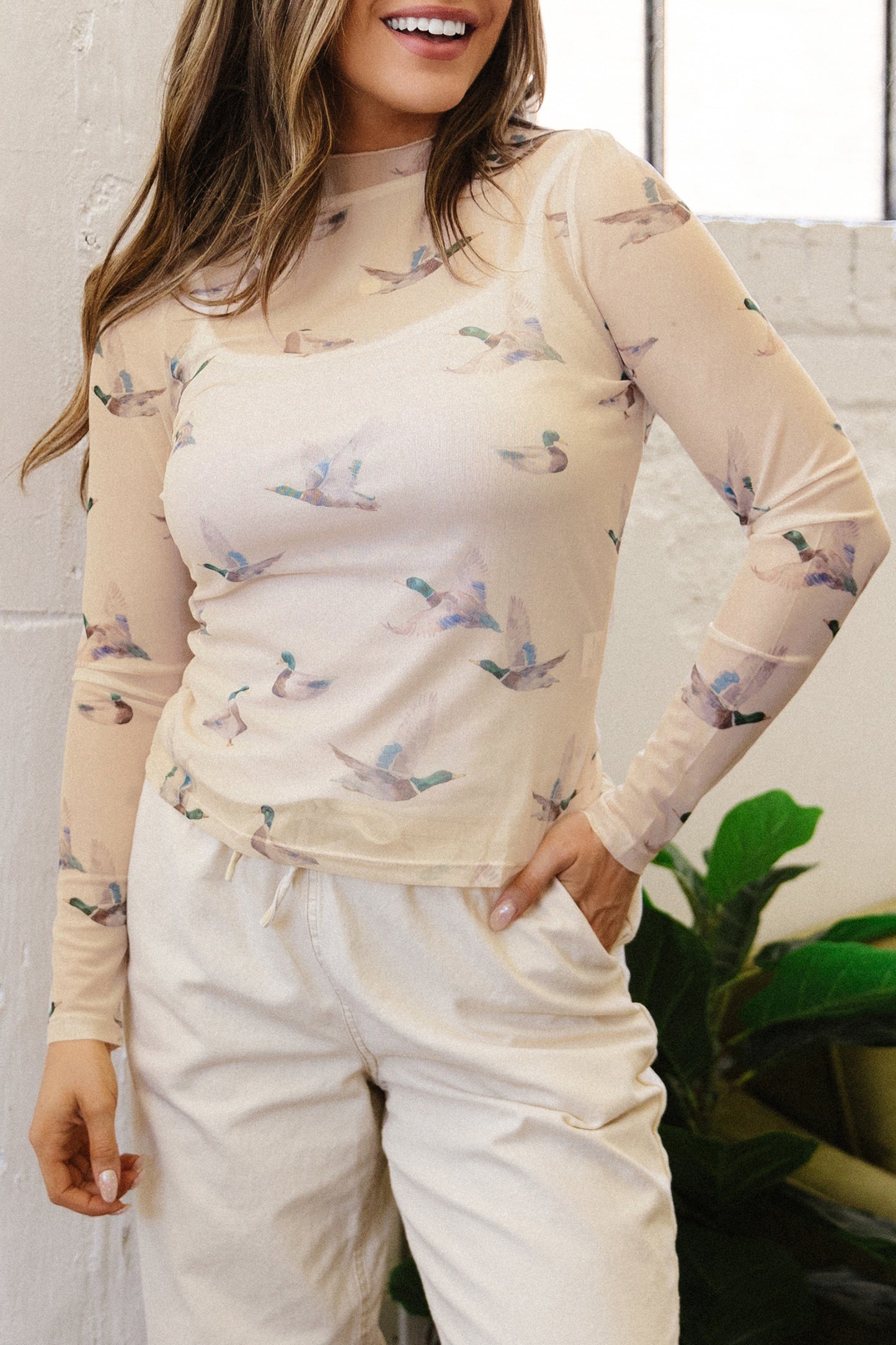 Beige Western Print Mesh High Neck Long Sleeve Sheath Top
