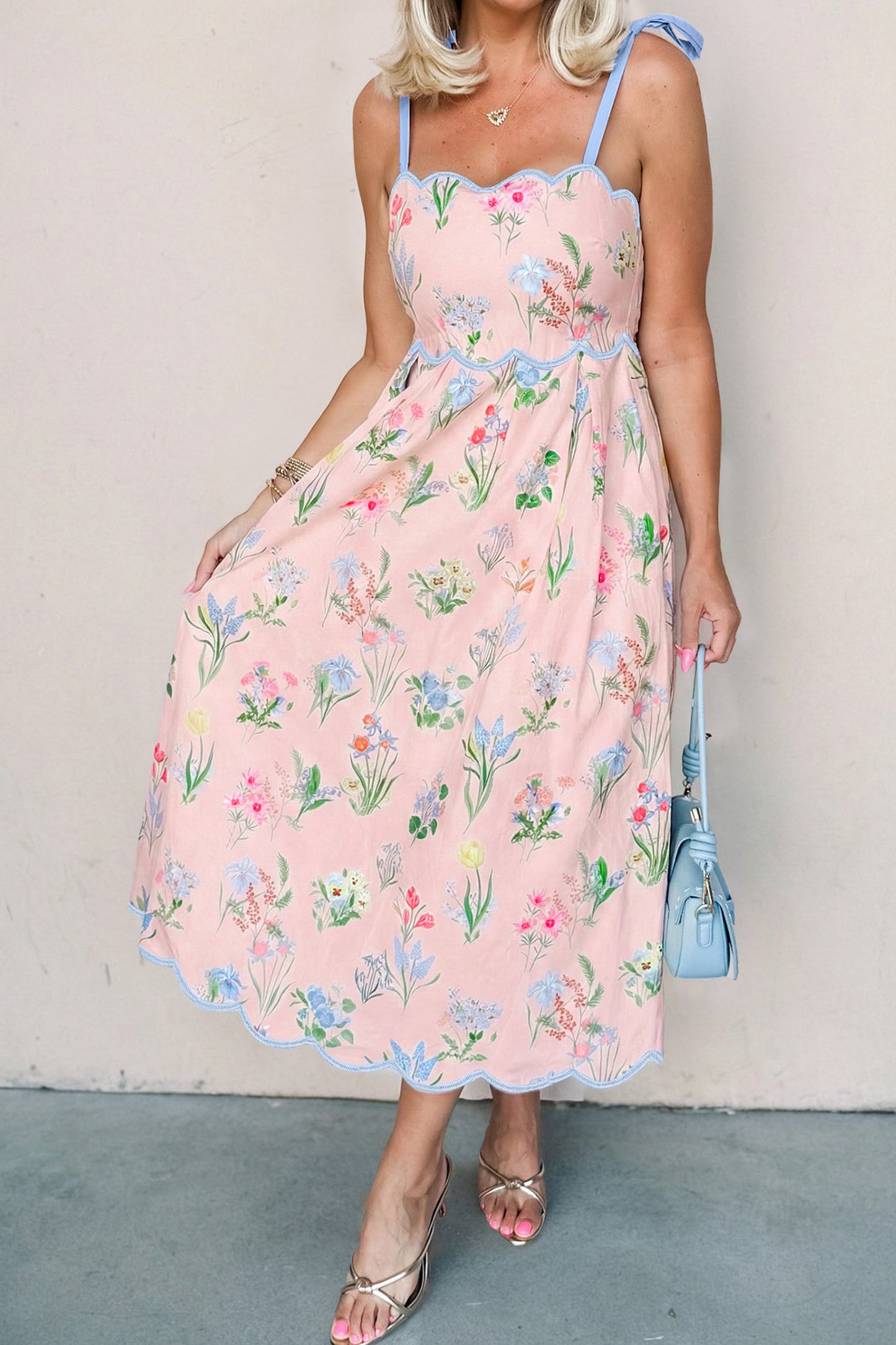 Yellow Floral Print Contrast Trim Self-tie Straps High Waist Midi Dress