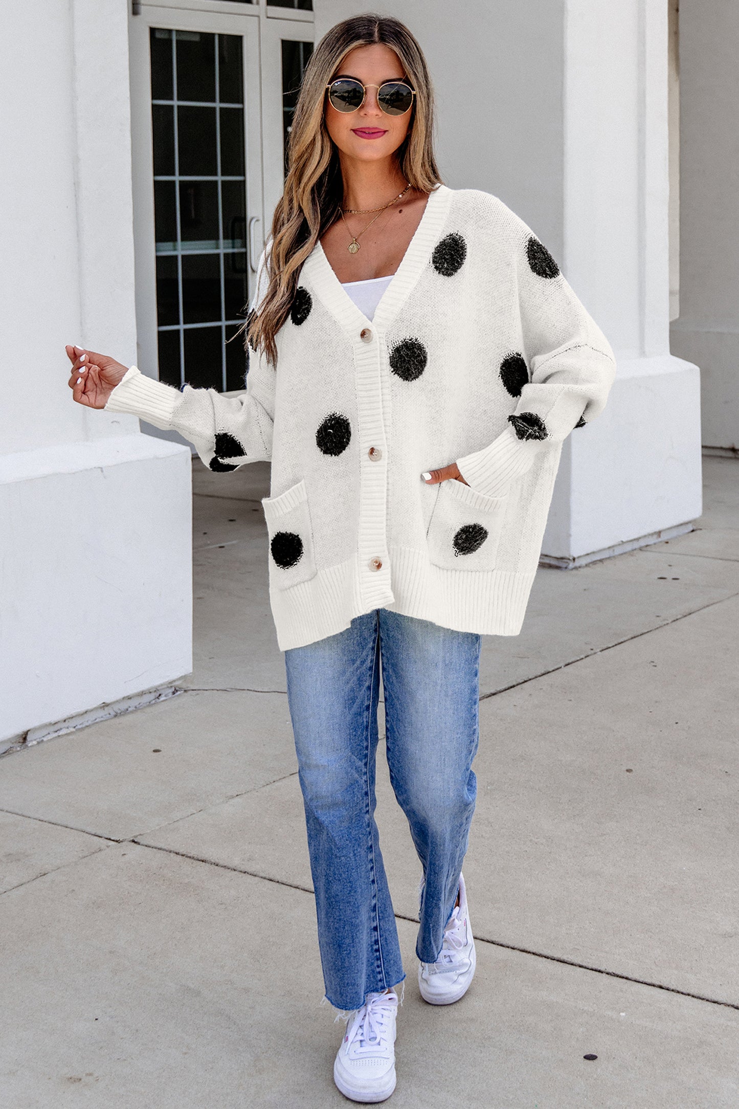 Beige Polka Dot Button Front Oversized V Neck Cardigan