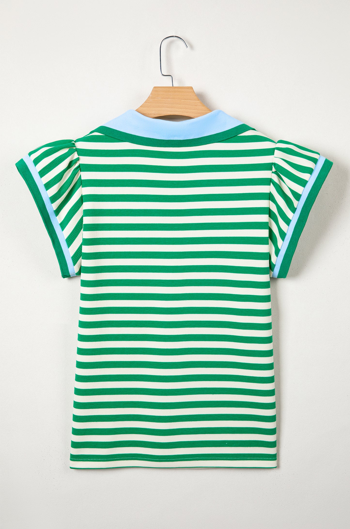 Blue Stripe Contrast Trim Polo Collar Ruffled Short Sleeve Blouse