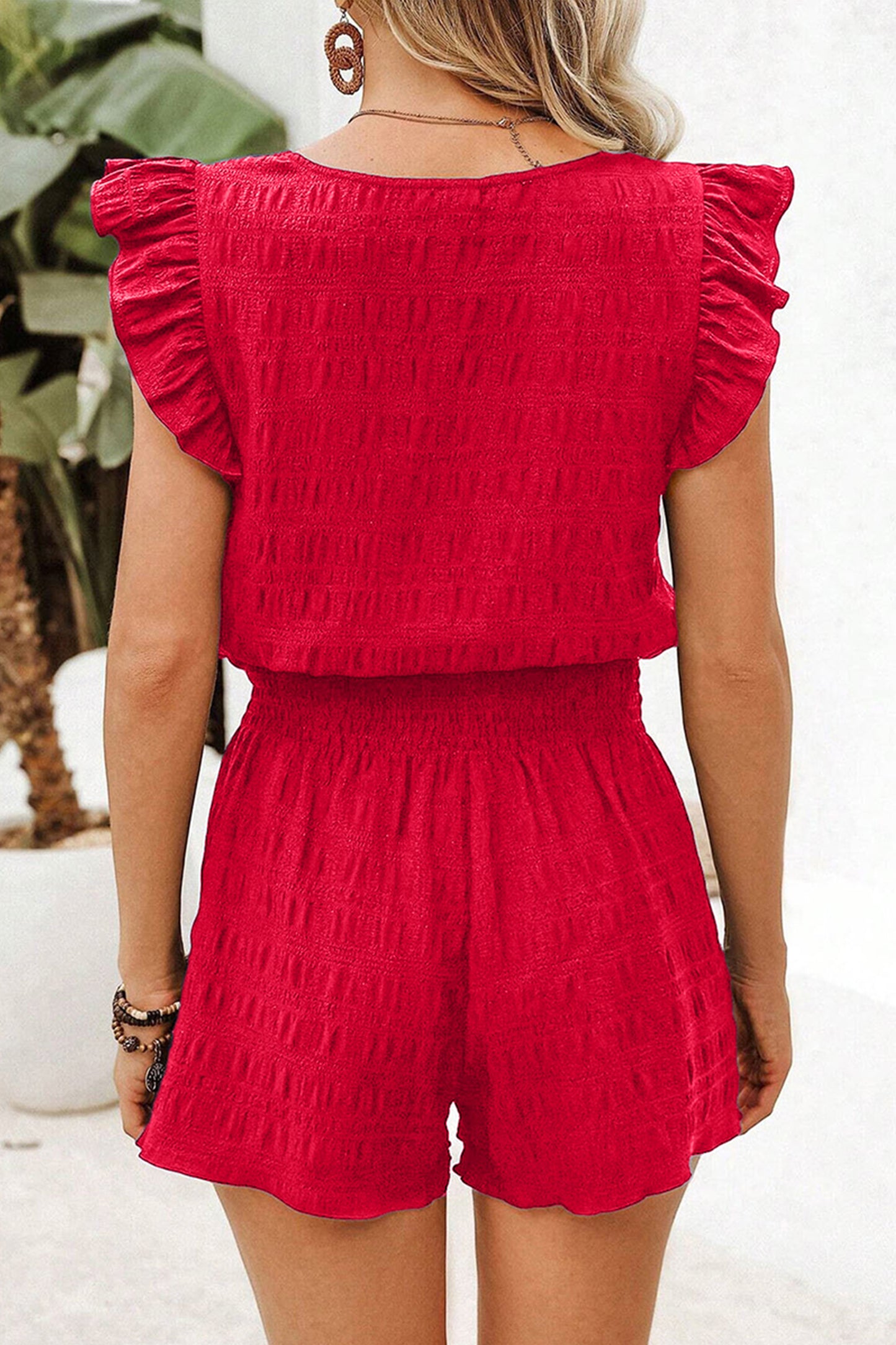 Black Textured Square Neck Top and Shirred High Waist Shorts Set